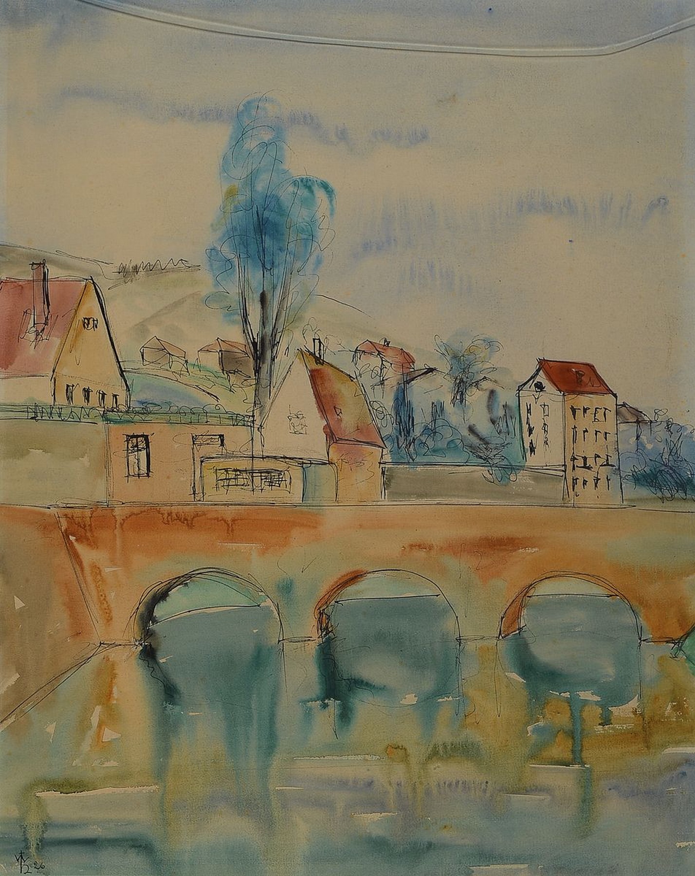 Monogrammist WH, datiert (19)26, Blick über eine Brücke auf eine Stadt, Aquarell über Tuschfederzeichnung auf Papier, links unten ligiertes ...