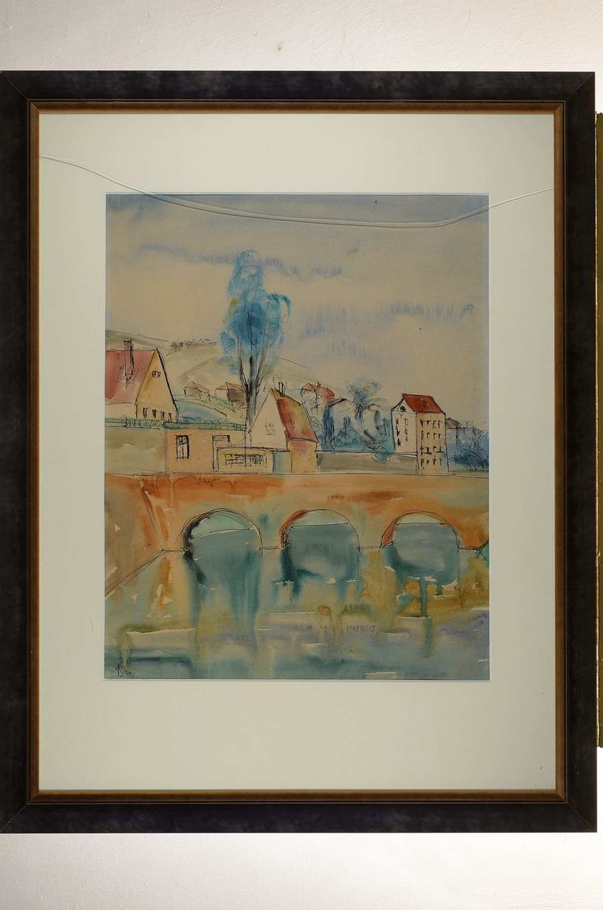 Detail k: Monogrammist WH, datiert (19)26, Blick über eine Brücke auf eine Stadt, Aquarell über Tuschfederzeichnung auf Papier, links unten ligiertes ...