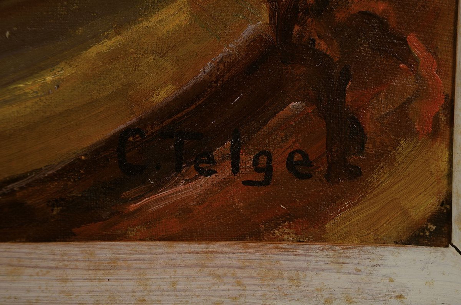 Detail a: Clara Telge, 1870 Shanghai-1947 Hamburg, Blumenstrauß mit Schmetterling, so rückseitig auf dem Keilrahmen betitelt, Öl/Lwd, rechts unten signiert, ...