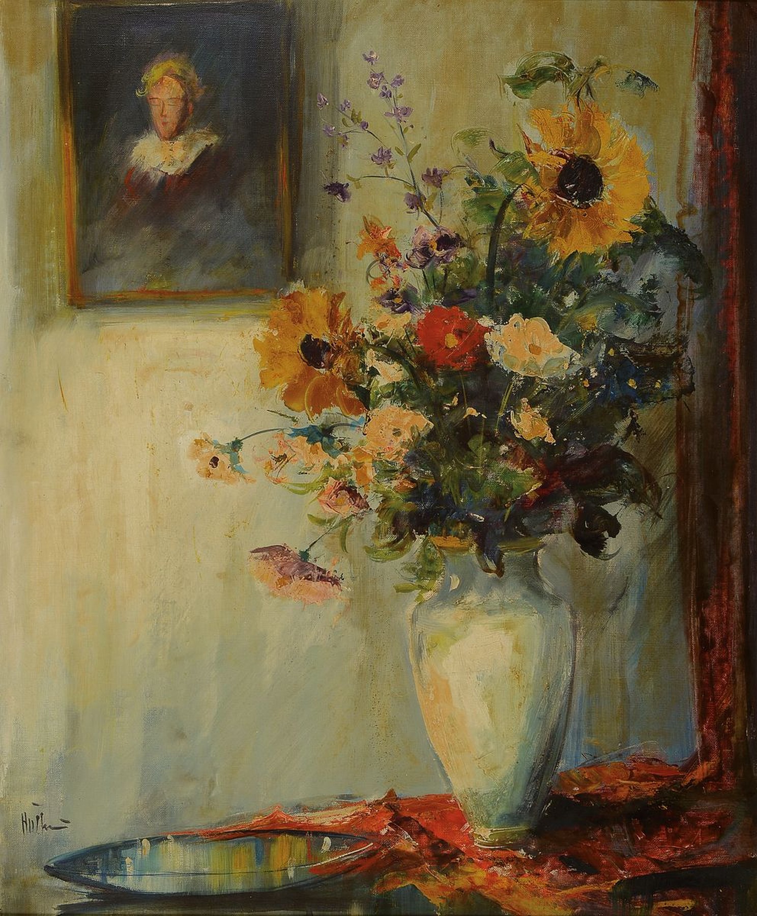 Willi Holtmann, 1900 Duisburg-1984 Wiesbaden, Stillleben mit Blumen in der Vase, Schale und Gemälde an der Wand, Öl/Lwd, links unten signiert, ca. ...