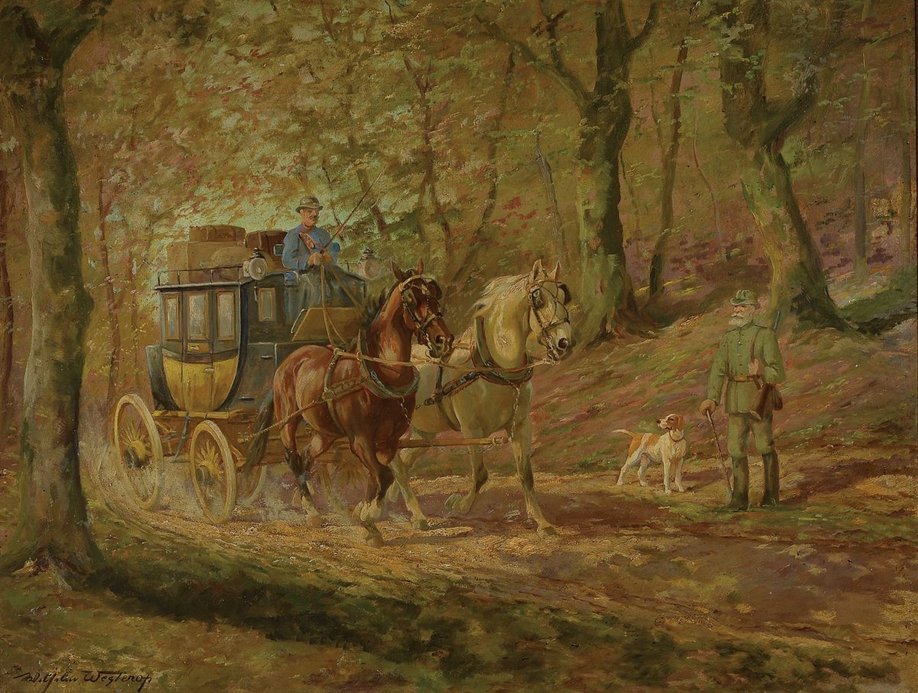 Wilhelm Westerop, 1876 Potsdam-1954 Düsseldorf, zweispännige Kutsche auf einer herbstlichen Allee, am Wegesrand ein Jäger mit seinem Hund, ...