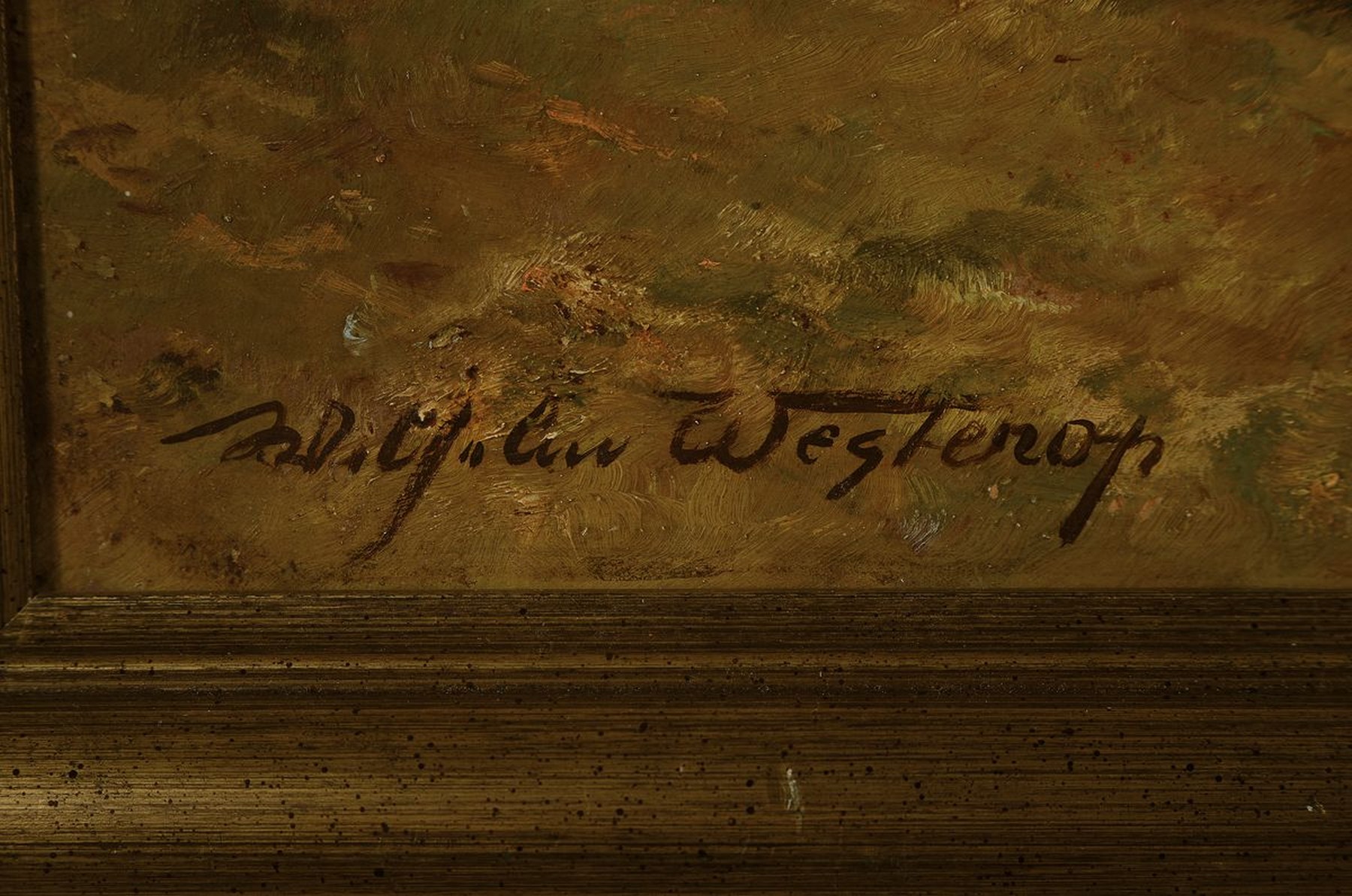 Detail a: Wilhelm Westerop, 1876 Potsdam-1954 Düsseldorf, zweispännige Kutsche auf einer herbstlichen Allee, am Wegesrand ein Jäger mit seinem Hund, ...