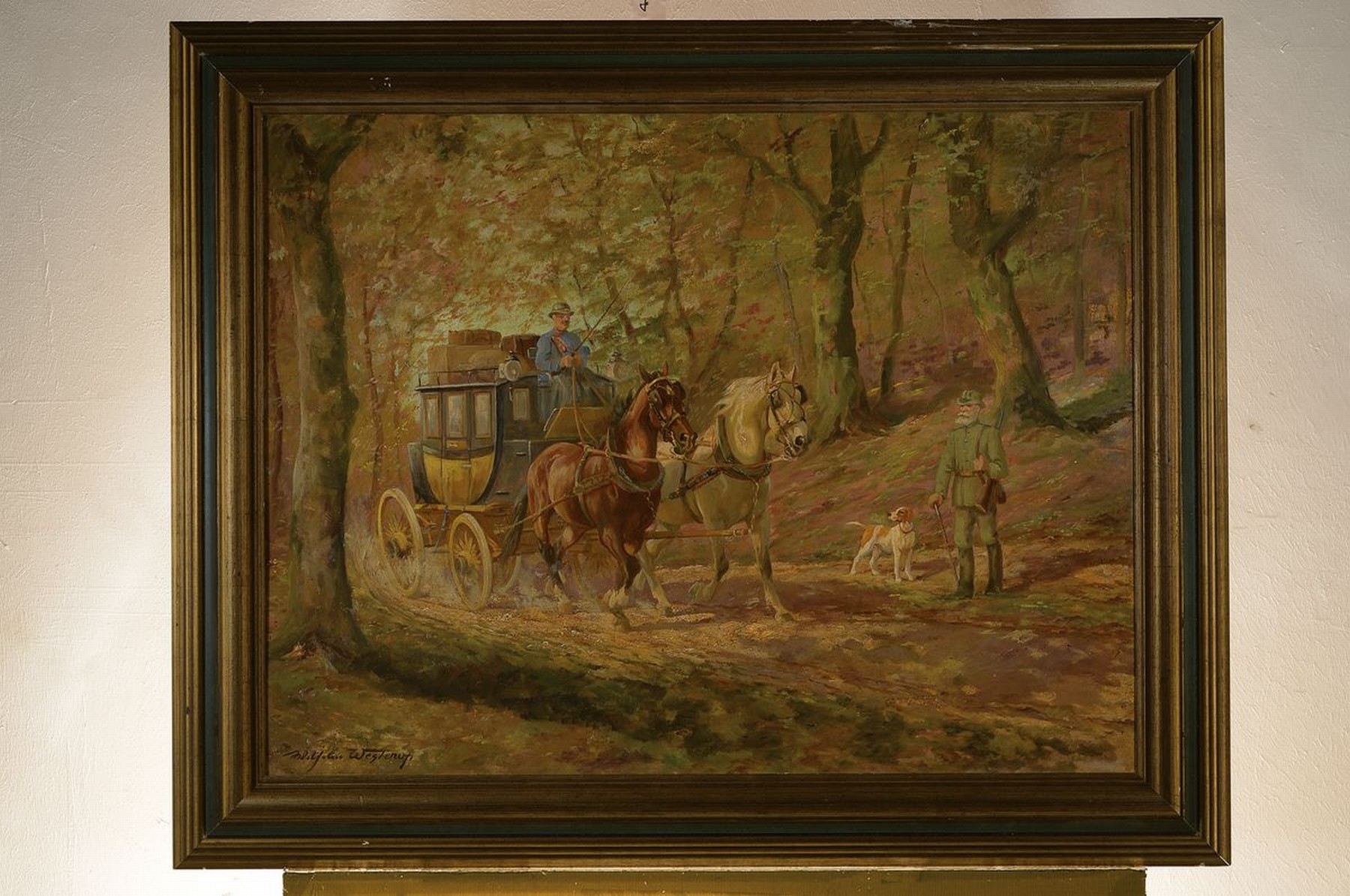 Detail k: Wilhelm Westerop, 1876 Potsdam-1954 Düsseldorf, zweispännige Kutsche auf einer herbstlichen Allee, am Wegesrand ein Jäger mit seinem Hund, ...