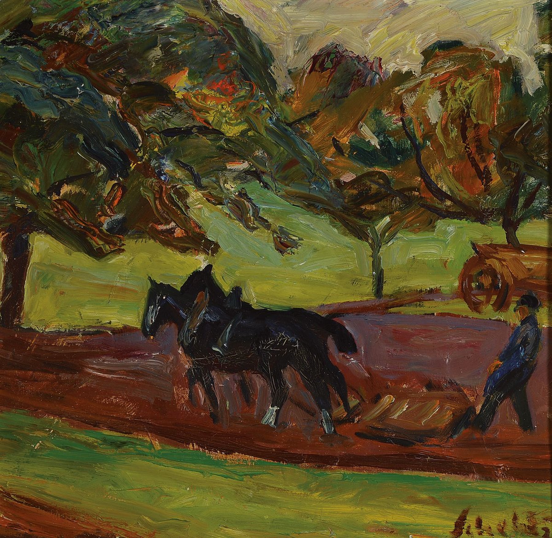 Karl Scheld, 1895 Lich/Oberhessen-1936 Darmstadt, Studium an der Akademie München, hier: pflügender Bauer, Öl/Lwd, rechts unten signiert und ...