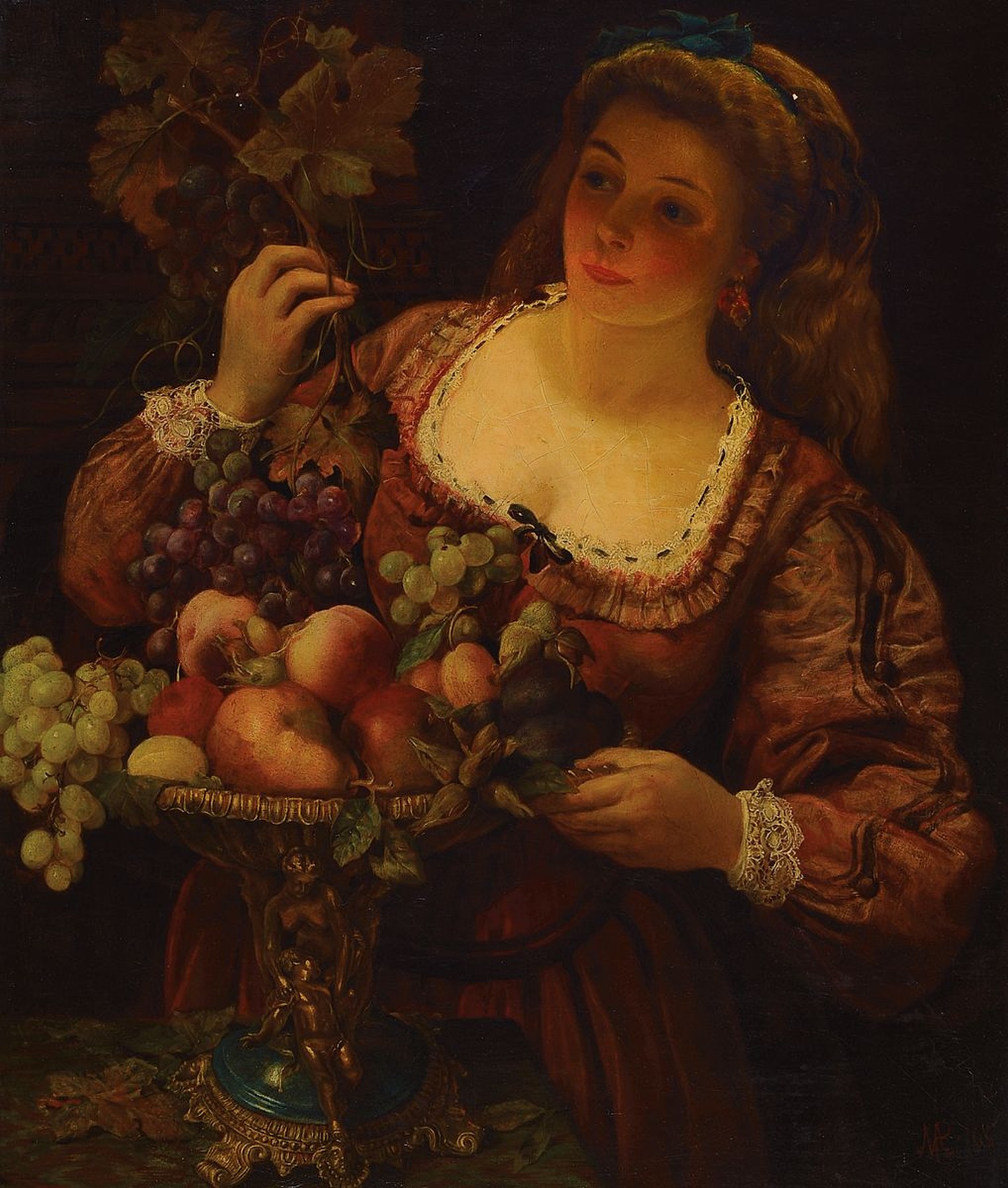 Mélanie Paigné, 1817-1872, Porträt einer jungen Frau mit Obstschale, in der Hand Rebenzweige und Trauben, wohl Allegorie auf den Herbst, Öl/Lwd, ...