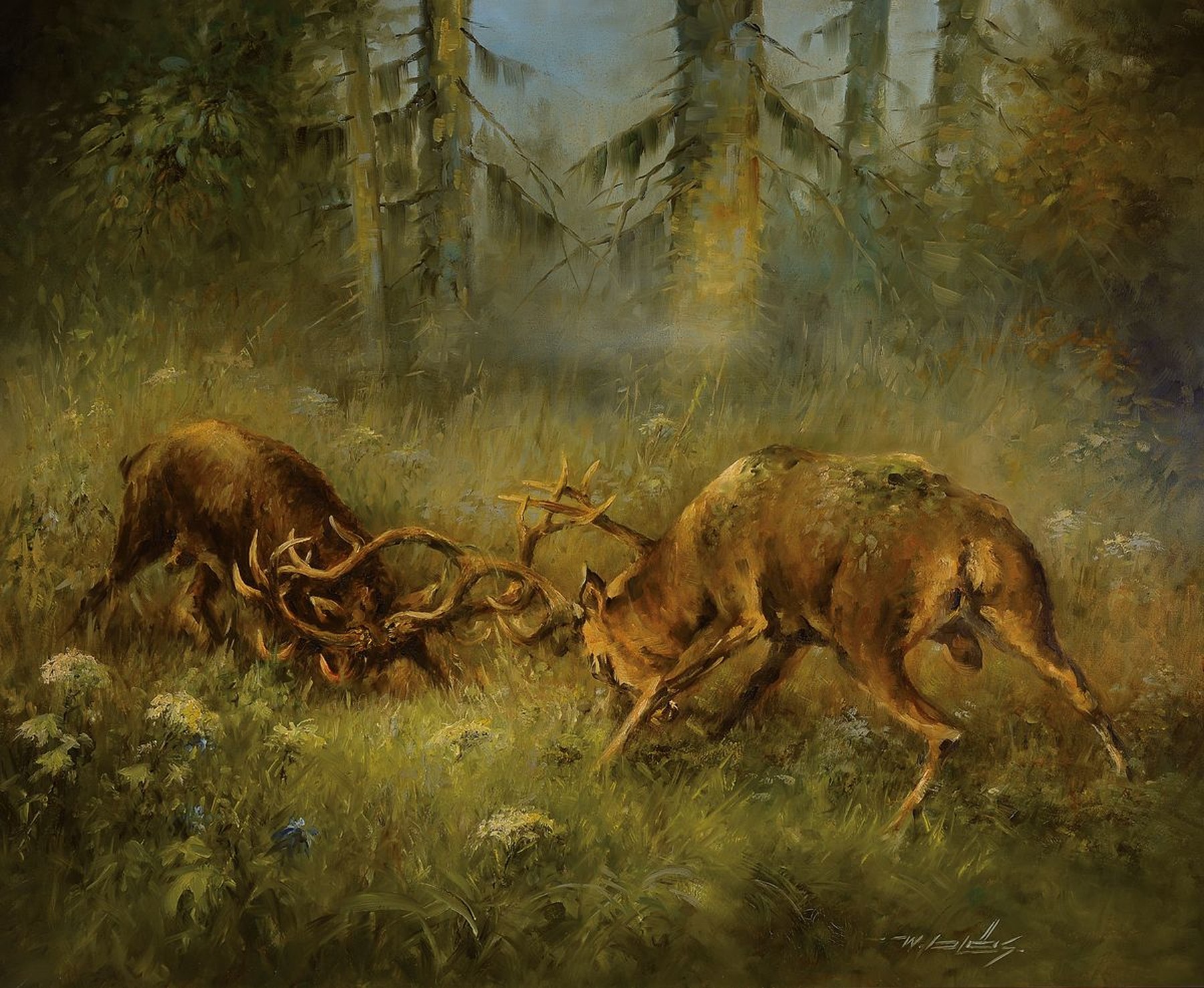 Walter Bläs, 1924 Eibingen-2016 Rüdesheim, zwei kämpfende Hirsche auf einer Lichtung, Öl/Lwd, rechts unten signiert, ca. 90x110cm, R. ca. ...