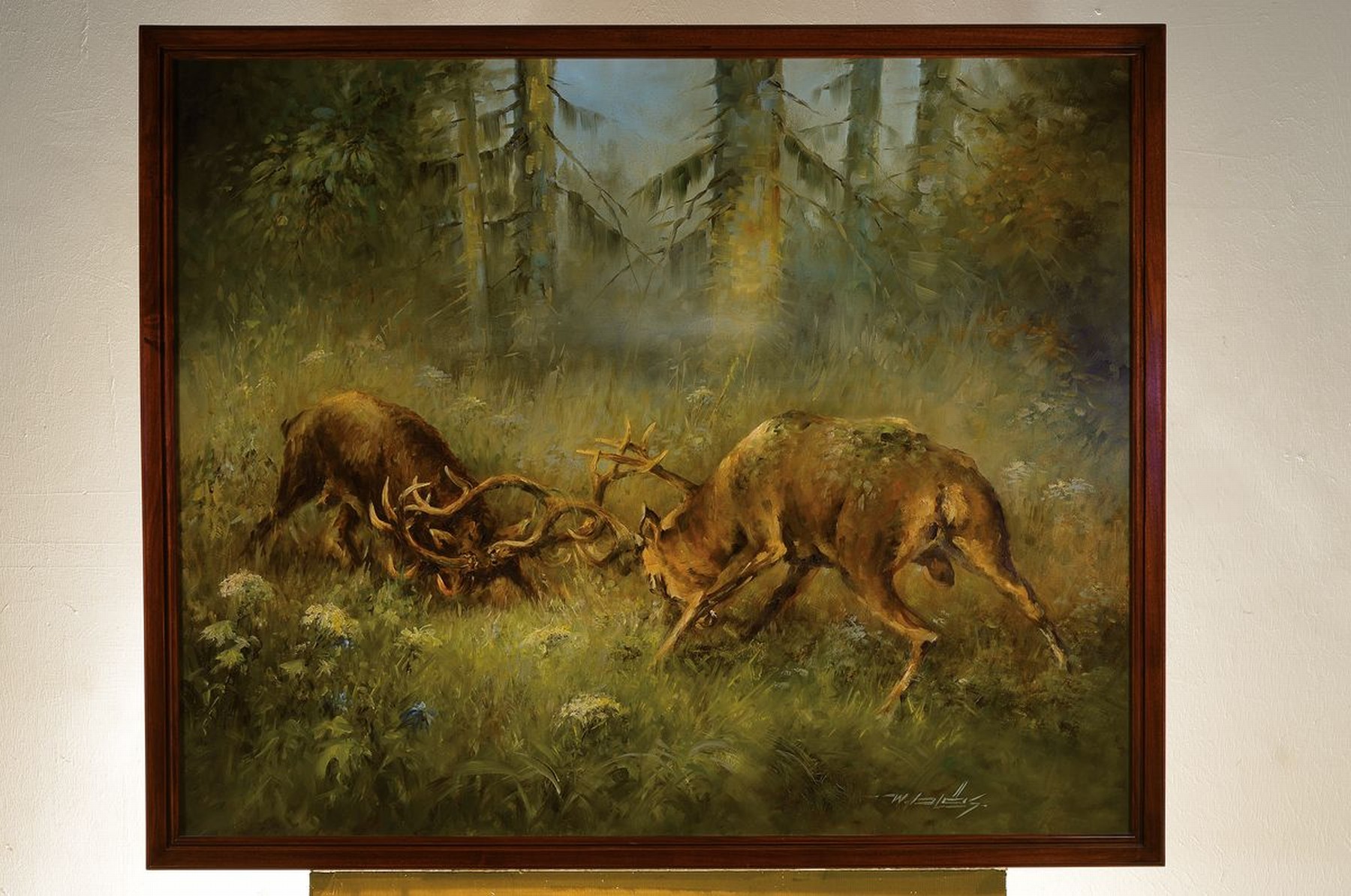 Detail k: Walter Bläs, 1924 Eibingen-2016 Rüdesheim, zwei kämpfende Hirsche auf einer Lichtung, Öl/Lwd, rechts unten signiert, ca. 90x110cm, R. ca. ...