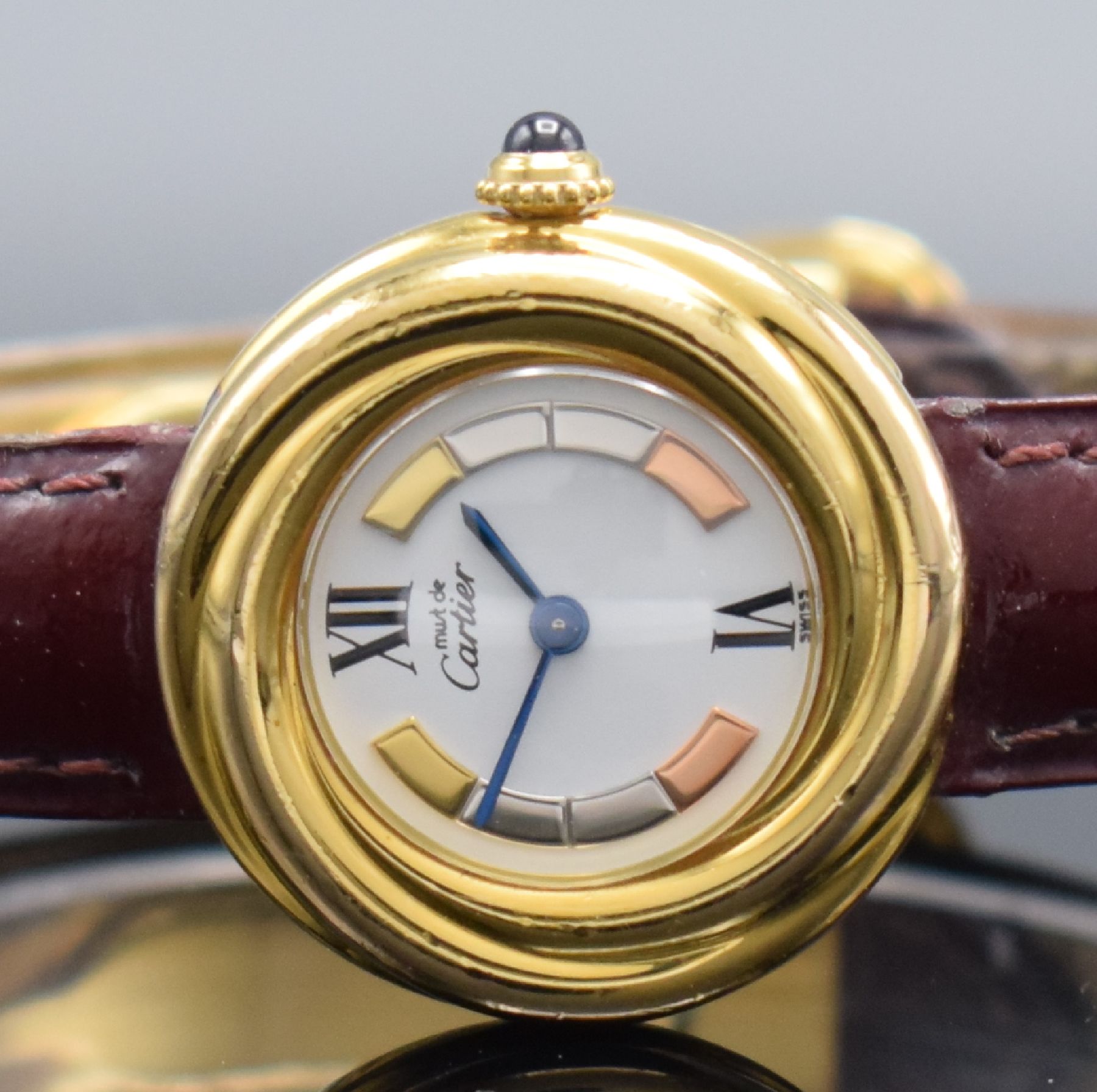Detail a: CARTIER Vermeil Trinity Damenarmbanduhr, Schweiz um 2000, quarz, verg. Sterlingsilbergeh. 4-fach verschr., orig. Lederband m. verg. Faltschl., ...