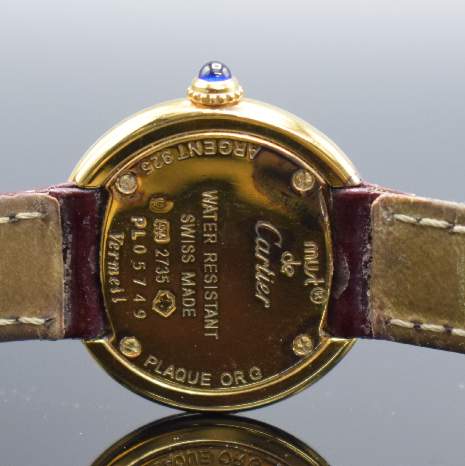 Detail e: CARTIER Vermeil Trinity Damenarmbanduhr, Schweiz um 2000, quarz, verg. Sterlingsilbergeh. 4-fach verschr., orig. Lederband m. verg. Faltschl., ...