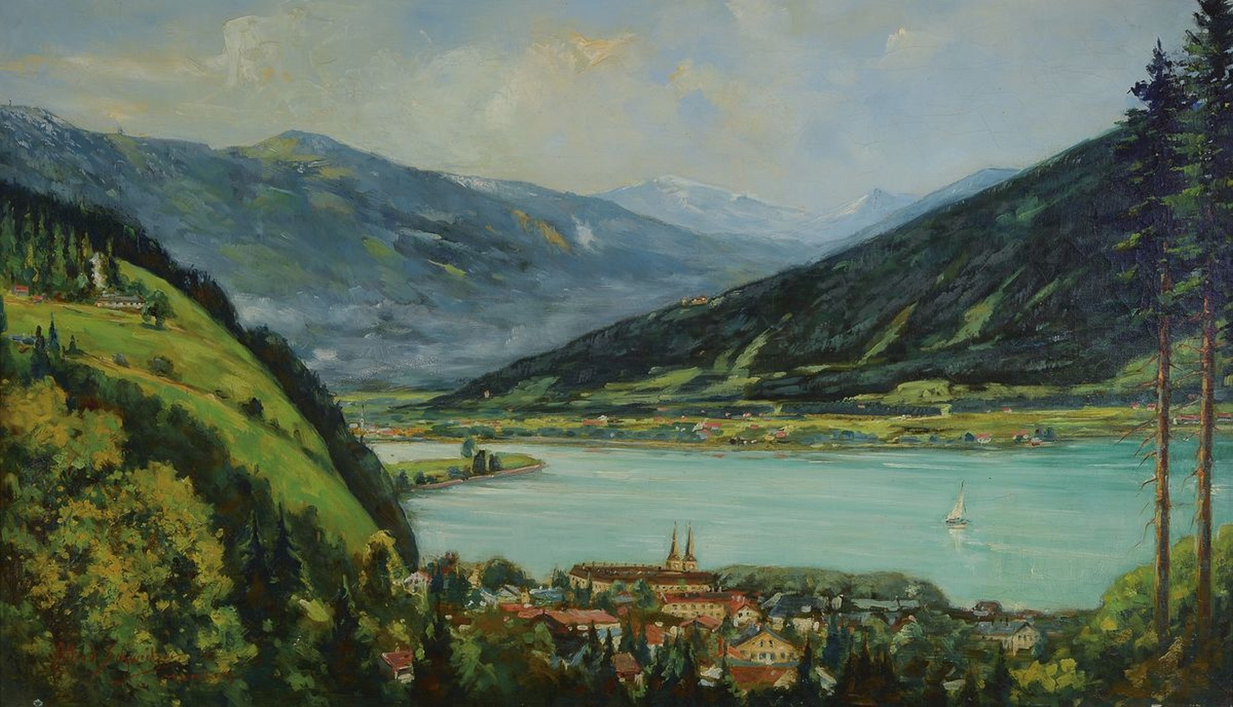 Alfred Schweitzer, 1882-1960 München, Blick über den Tegernsee, Öl/Lwd, links unten signiert, ca. 57x95cm, R. ca. 68x108cm