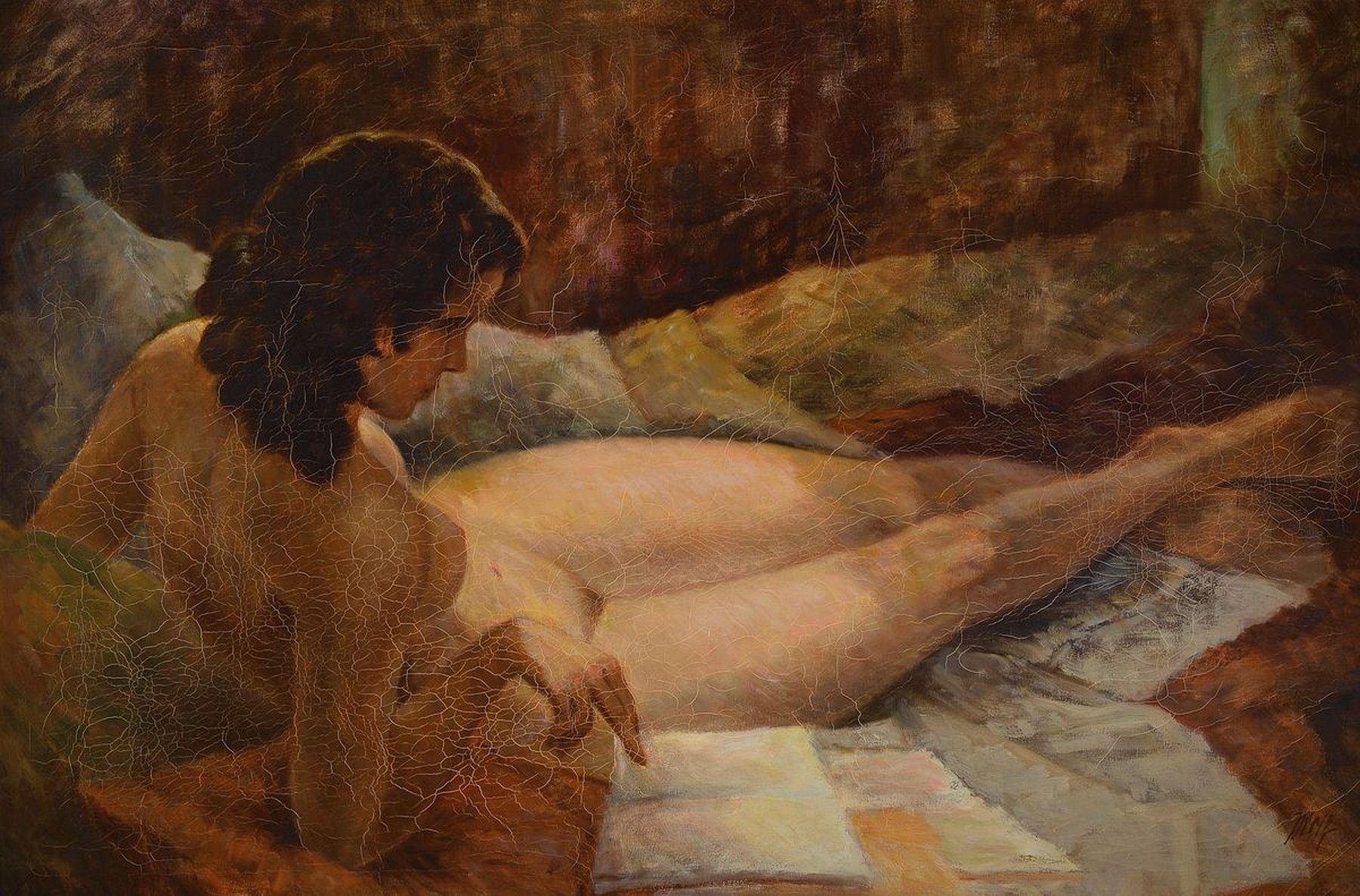 Julius Wolf, 1909 Rottweil-1996 Kempten, Liegender lesender Akt, Öl/Lwd, rechts unten signiert, krakeliert, ca. 80x120cm, R. ca. 100x140cm