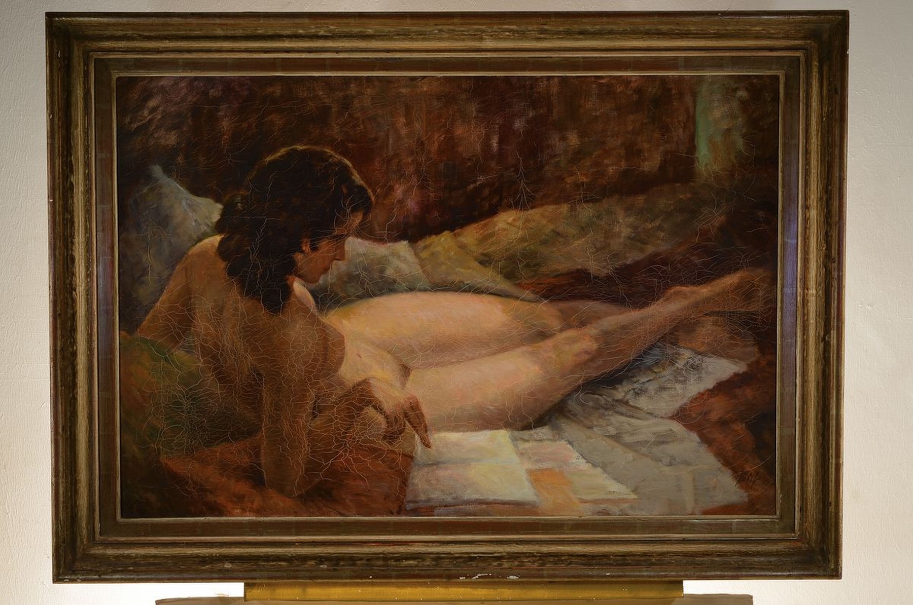 Detail k: Julius Wolf, 1909 Rottweil-1996 Kempten, Liegender lesender Akt, Öl/Lwd, rechts unten signiert, krakeliert, ca. 80x120cm, R. ca. 100x140cm