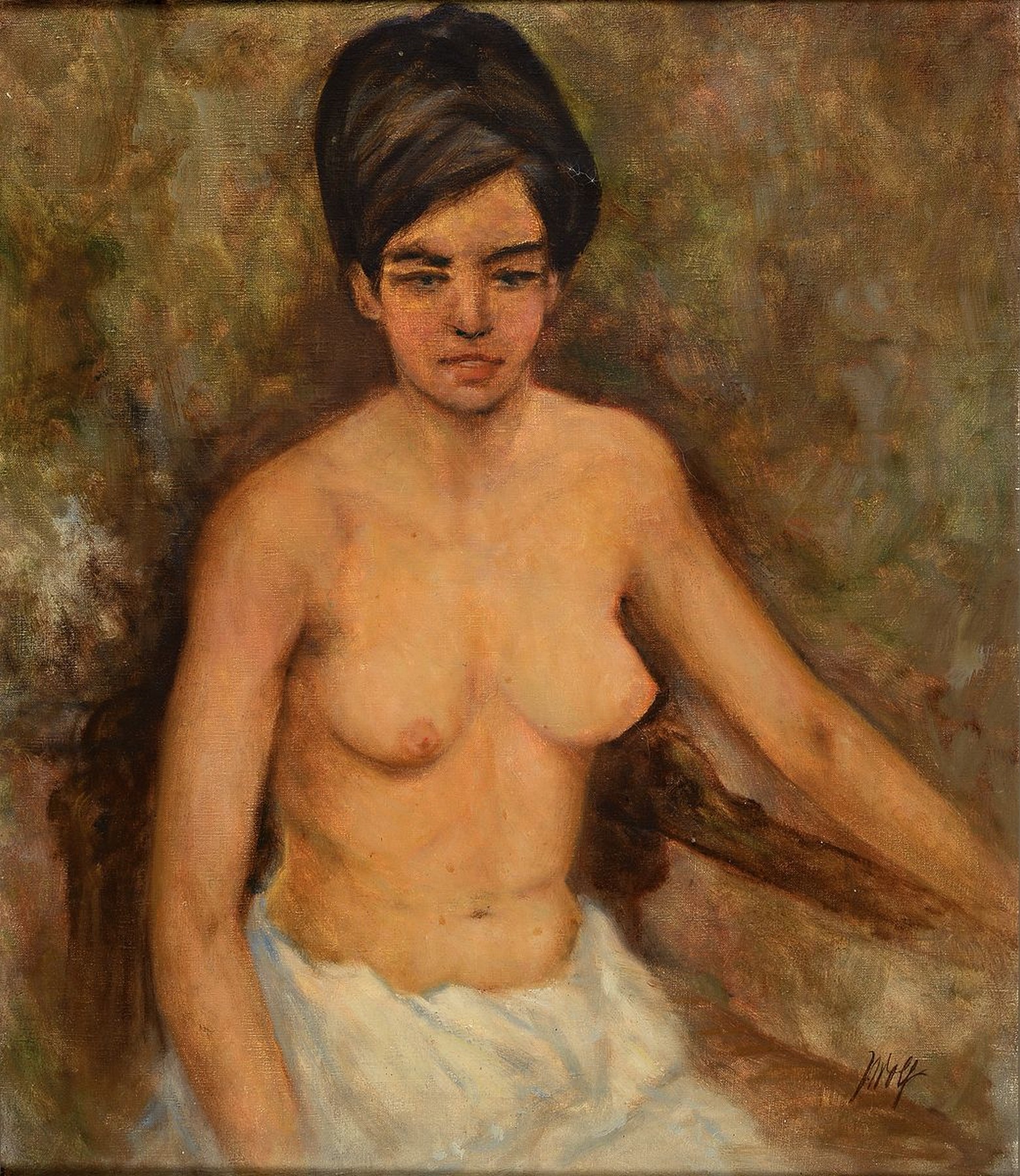 Julius Wolf, 1909 Rottweil-1996 Kempten, Sitzender Halbakt, Öl/Lwd, rechts unten signiert, ca. 70x60cm, R. ca. 77x67cm