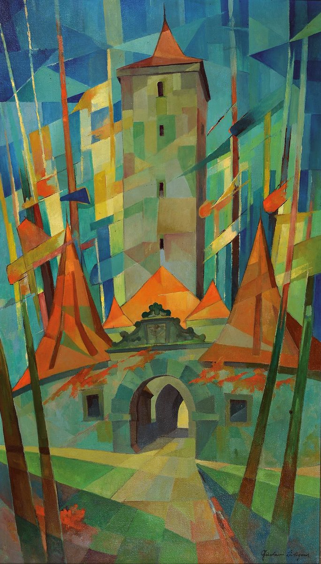 Gustav Lüttgens, geb. 1898 Berlin, Blick auf einen Turm, Öl/Lwd, rechts unten signiert, ca. 105x61cm, R. ca. 107x63cm