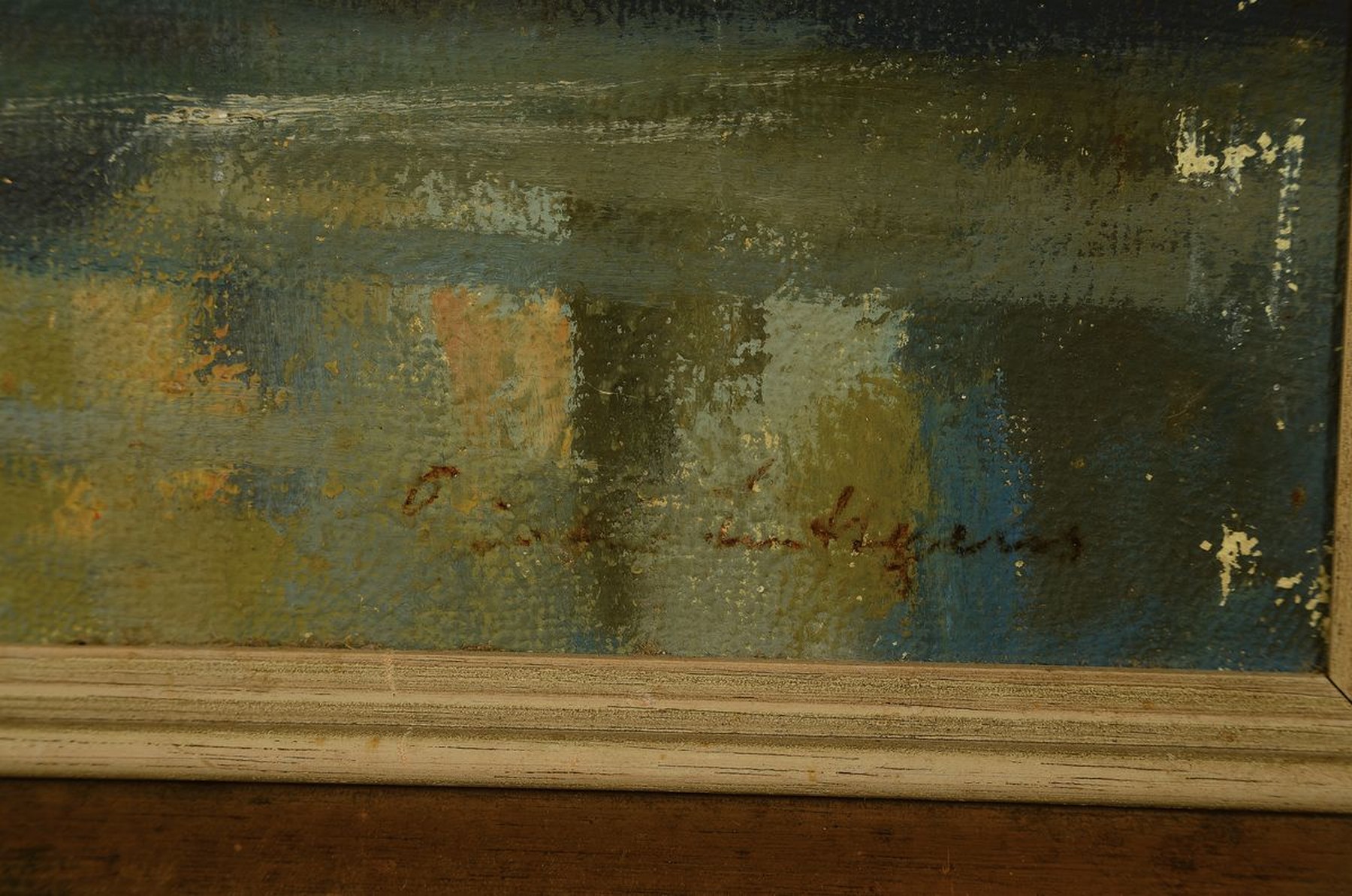 Detail a: Gustav Lüttgens, geb. 1898 Berlin, Blick über den Fluss auf Stadt und Dom, wohl die steinerne Brücke und der Dom zu Regensburg, Öl/Lwd, rechts ...