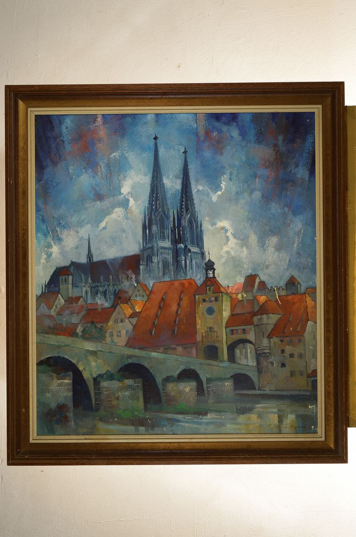 Detail k: Gustav Lüttgens, geb. 1898 Berlin, Blick über den Fluss auf Stadt und Dom, wohl die steinerne Brücke und der Dom zu Regensburg, Öl/Lwd, rechts ...
