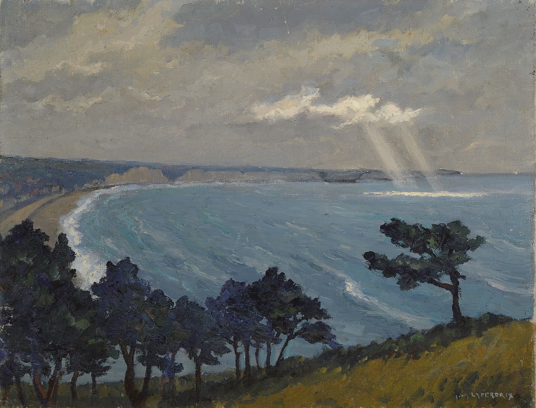 Jean Laperdrix, 1912-2005, französischer Künstler, maritime Landschaft, Küstenstreifen mit Sandsteinklippen, Ansicht wohl der Alabasterküste der ...