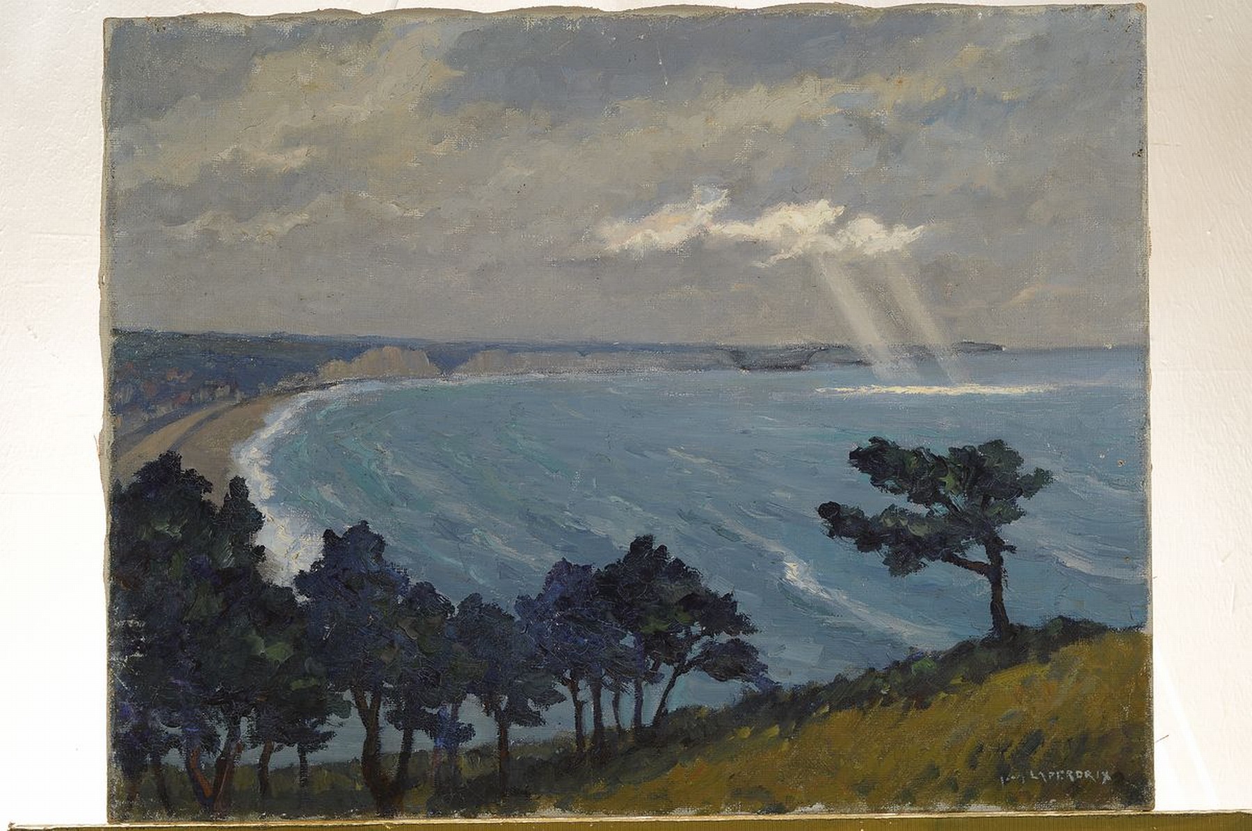 Detail k: Jean Laperdrix, 1912-2005, französischer Künstler, maritime Landschaft, Küstenstreifen mit Sandsteinklippen, Ansicht wohl der Alabasterküste der ...