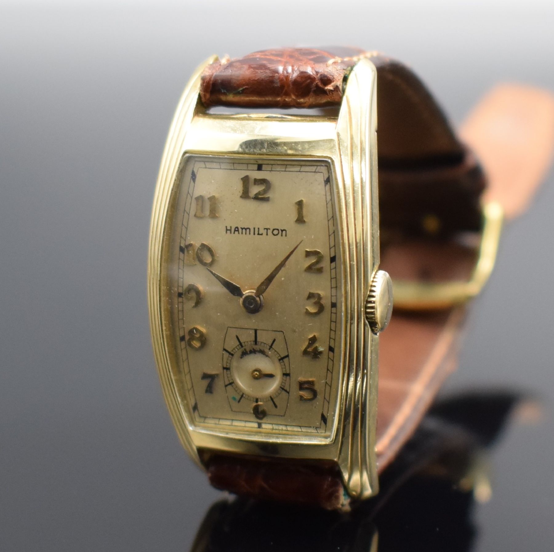 Detail c: LORD ELGIN, BULOVA, HAMILTON 3 Armbanduhren, USA um 1940, Handaufzug, 1.) Lord Elgin in GG 585/000, Kal. 559, M. ca. 27 x 20 mm, Überh. fäll., EZ ...