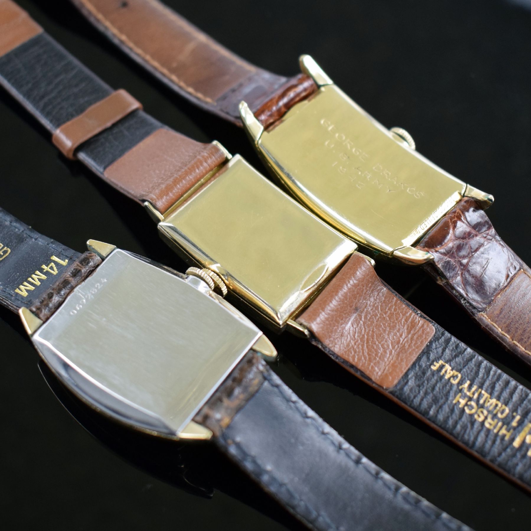 Detail e: LORD ELGIN, BULOVA, HAMILTON 3 Armbanduhren, USA um 1940, Handaufzug, 1.) Lord Elgin in GG 585/000, Kal. 559, M. ca. 27 x 20 mm, Überh. fäll., EZ ...