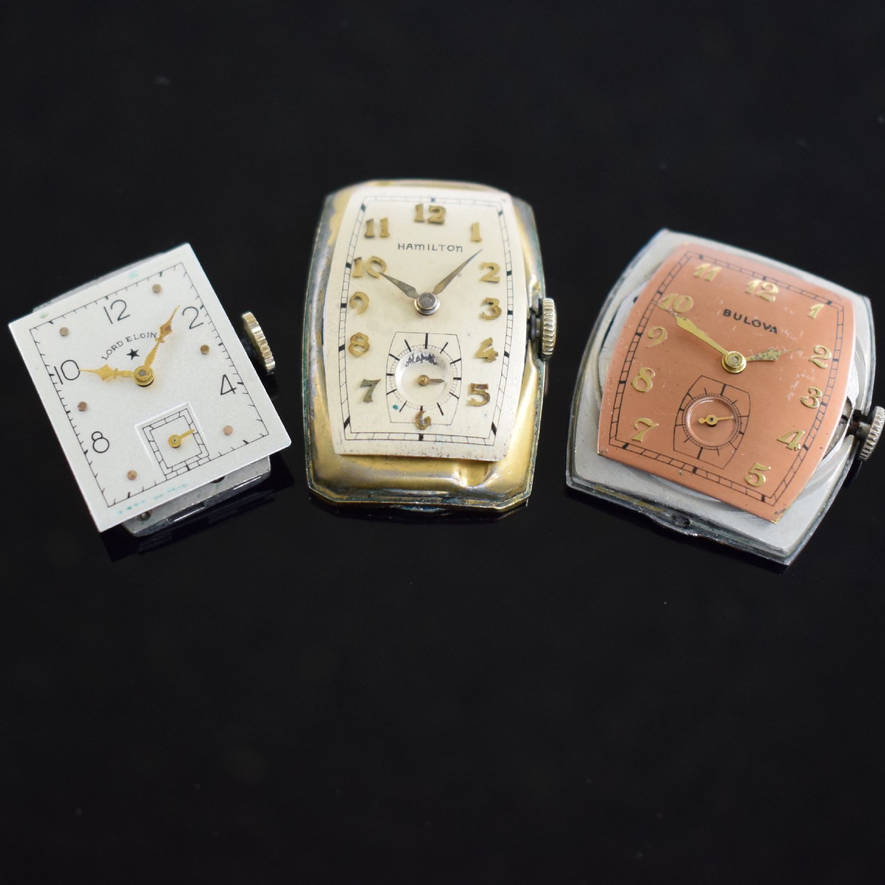 Detail f: LORD ELGIN, BULOVA, HAMILTON 3 Armbanduhren, USA um 1940, Handaufzug, 1.) Lord Elgin in GG 585/000, Kal. 559, M. ca. 27 x 20 mm, Überh. fäll., EZ ...