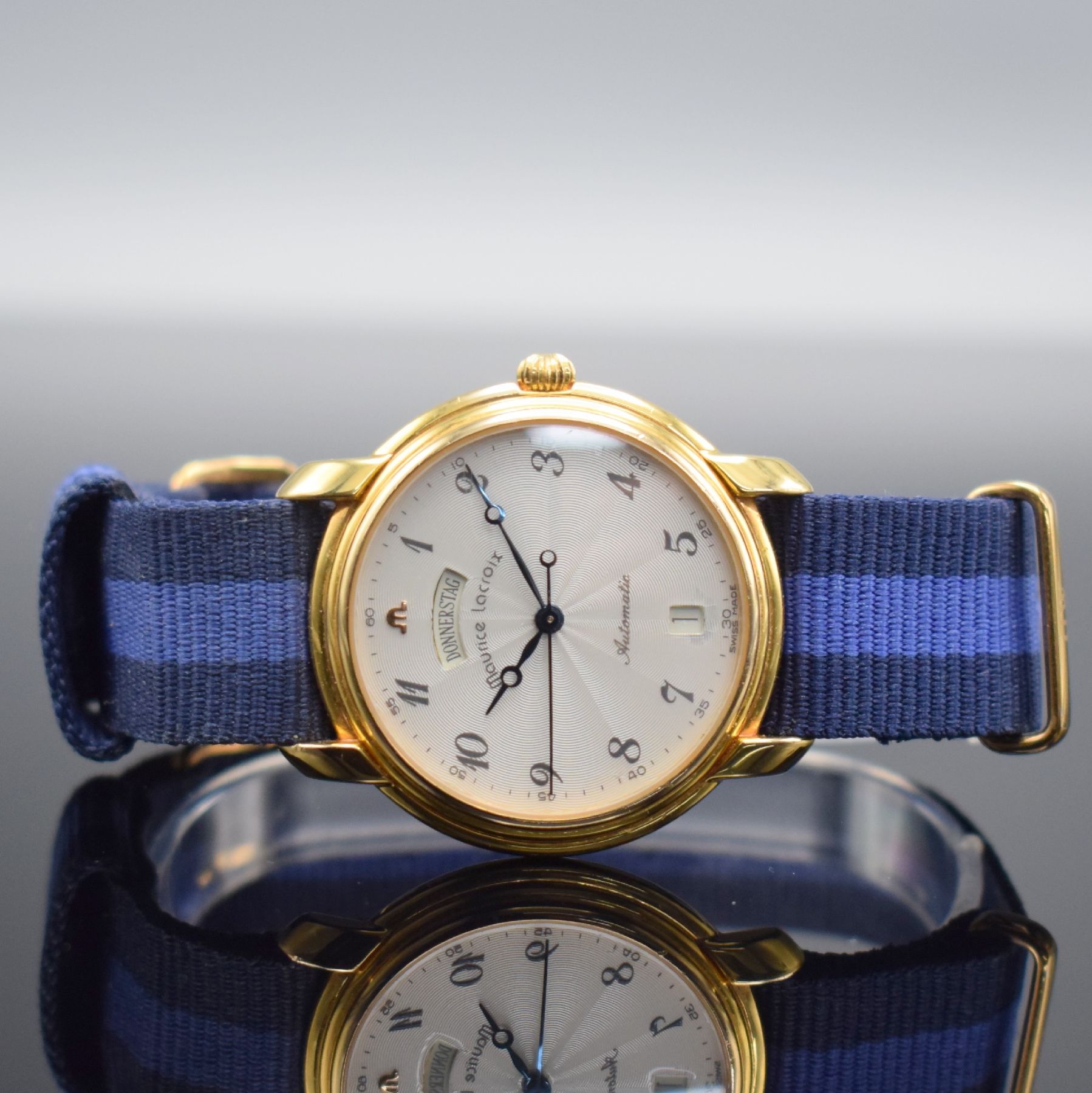 MAURICE LACROIX Herrenarmbanduhr, Schweiz um 1990, Automatik, Ref. 09329, verg. Geh., Stahlboden aufgedr., silb. guill. Zifferbl. mit arab. Zahlen, ...