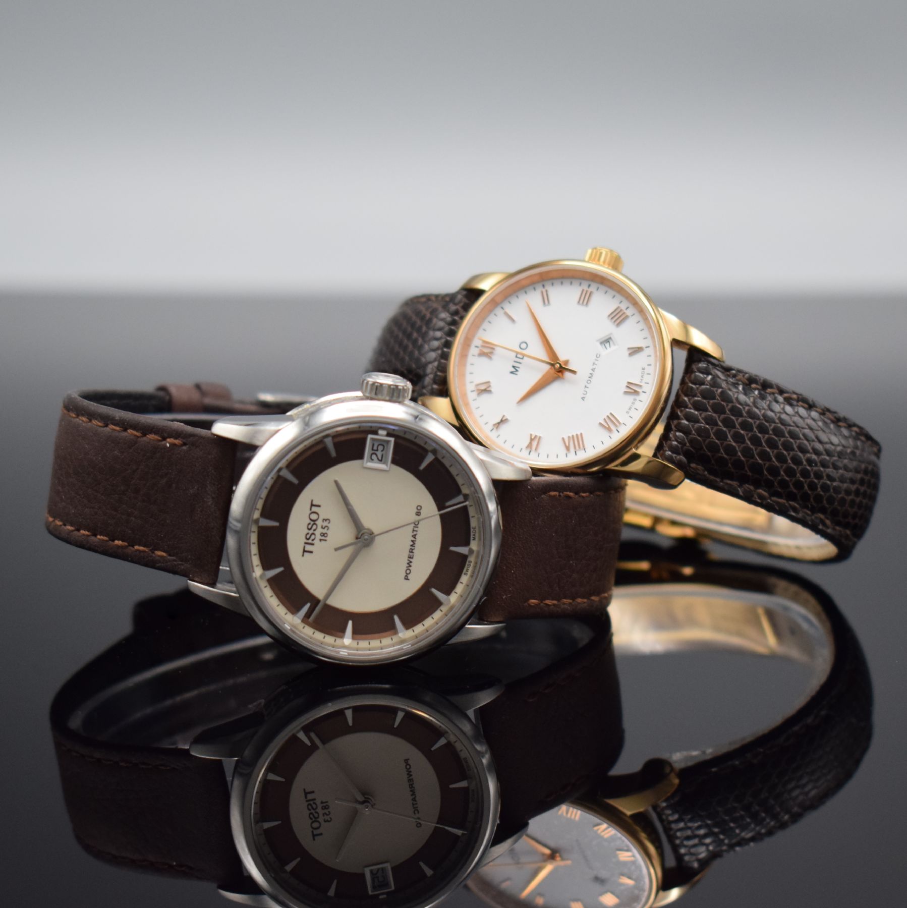 MIDO & TISSOT 2 Damenarmbanduhren, Schweiz um 2015, Automatik, 1.) Mido Baroncelli, verg. Geh., beids. vergl., Boden verschr., weißes Zifferbl. m. ...