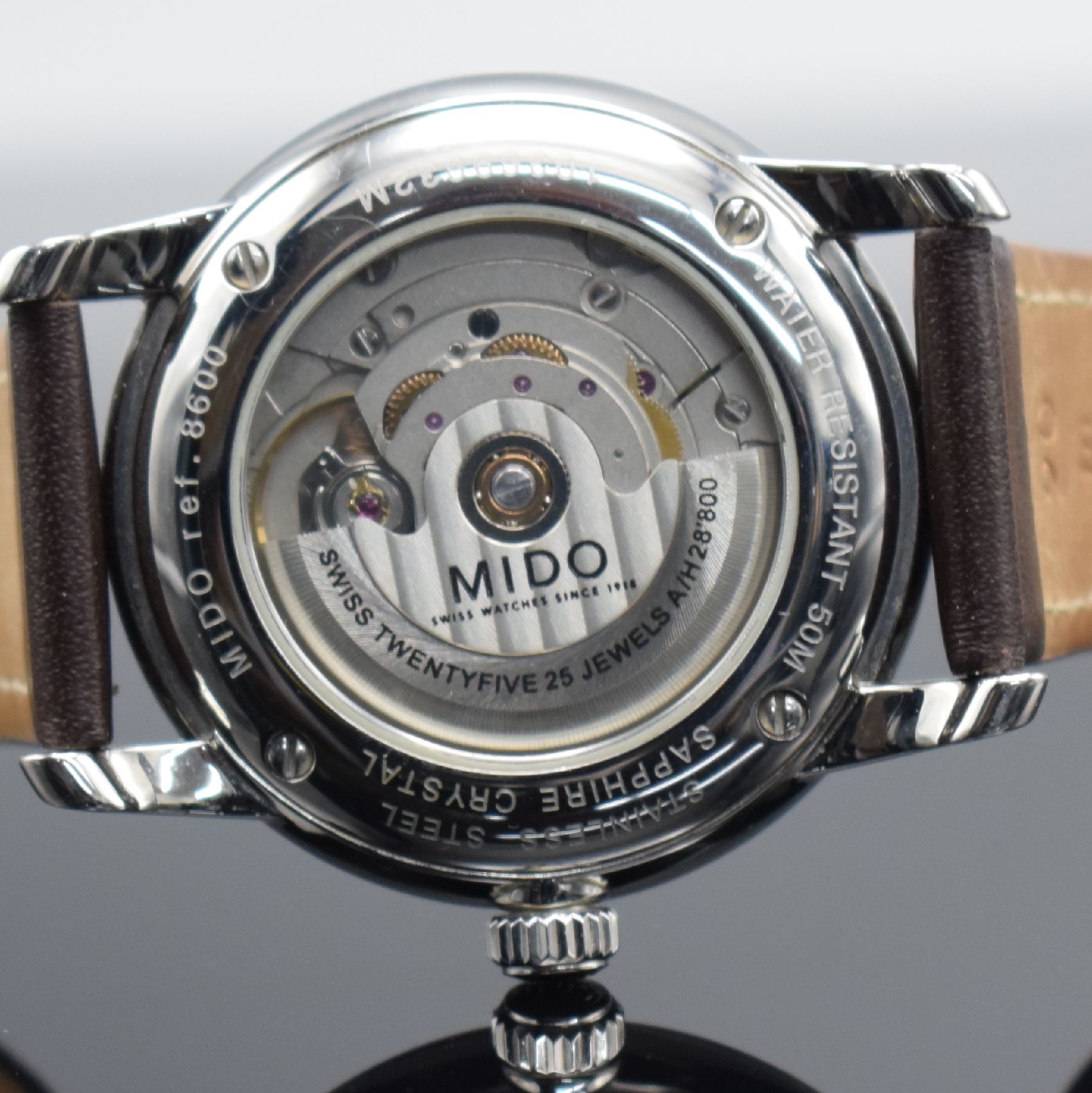 Detail f: MIDO Baroncelli Herrenarmbanduhr, Schweiz um 2015, Automatik, Ref. 8600, beids. vergl. Geh. in Edelstahl, Boden 4-fach verschr., schwarzes Zifferbl. ...