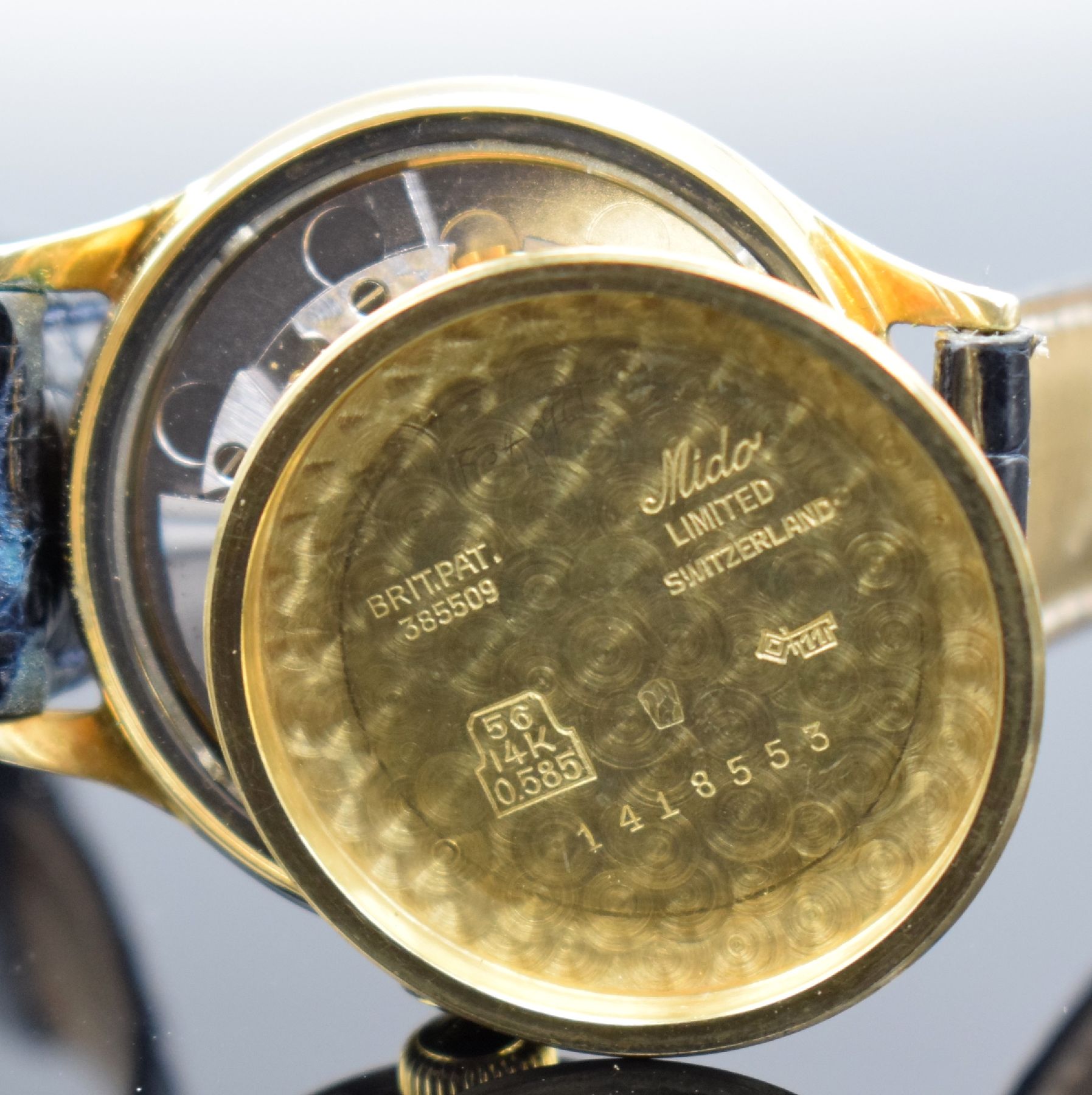 Detail h: MIDO Multifort Herrenarmbanduhr in GG 585/000, Schweiz um 1960, Automatik, 2-teil. Geh., Boden geschr., orig. Krone, gold. Zifferbl. m. aufges. ...