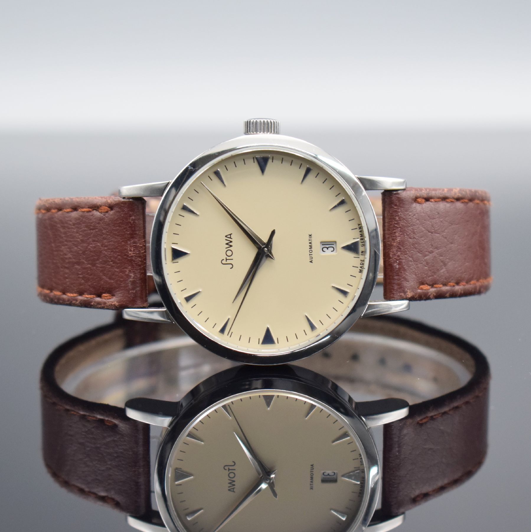 STOWA Exima Herrenarmbanduhr, Deutschland Automatik, beids. vergl. Edelstahlgeh., Boden 6-fach verschr., orig. Lederbd. m. orig. Dornschl., ...