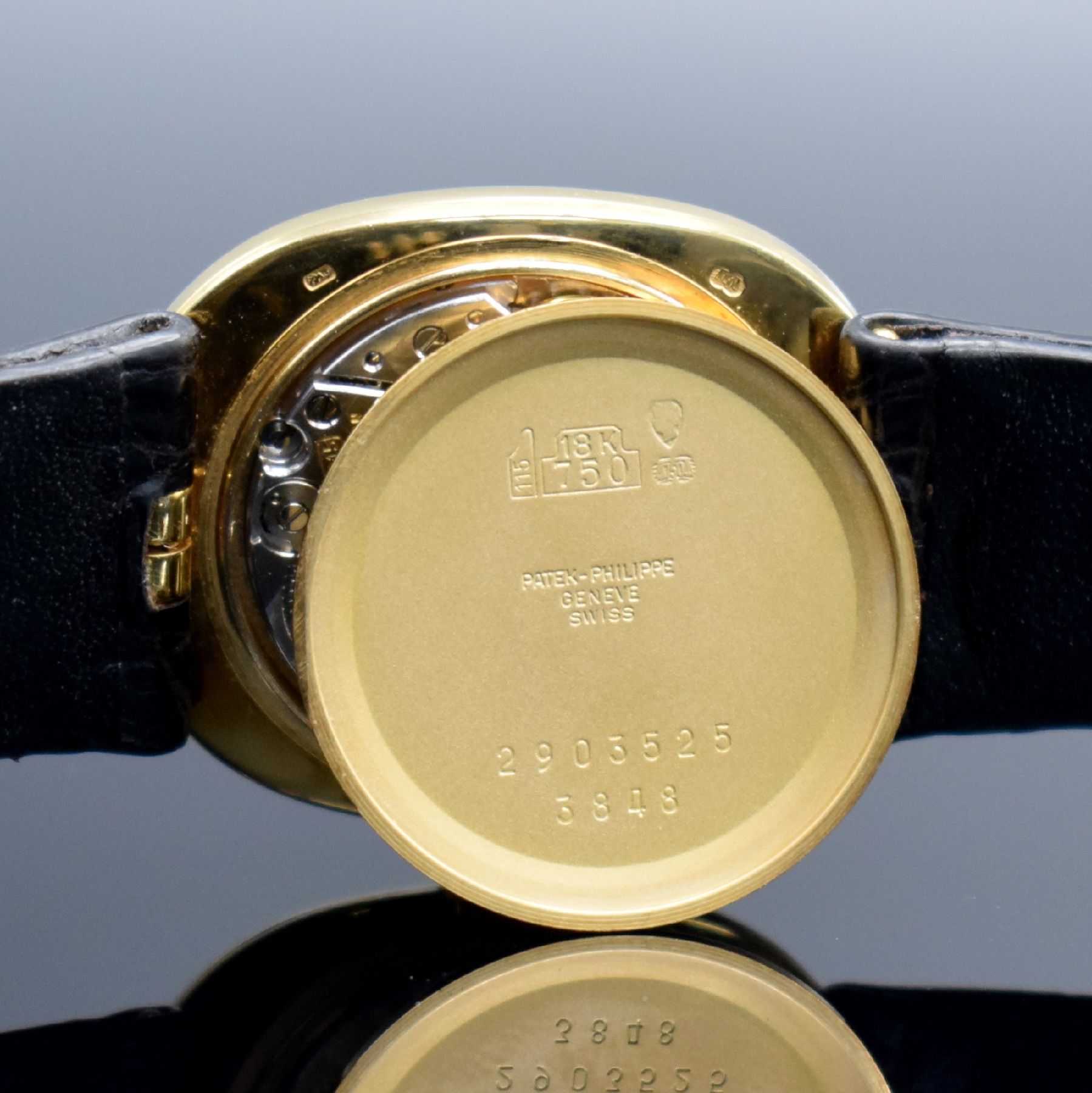 Detail h: PATEK PHILIPPE Ellipse d´Or Armbanduhr in GG 750/000 Referenz 3848, Schweiz um 1980, Handaufzug, ovales, 3-tlg. Geh., Boden & Glasrand aufgedr., ...