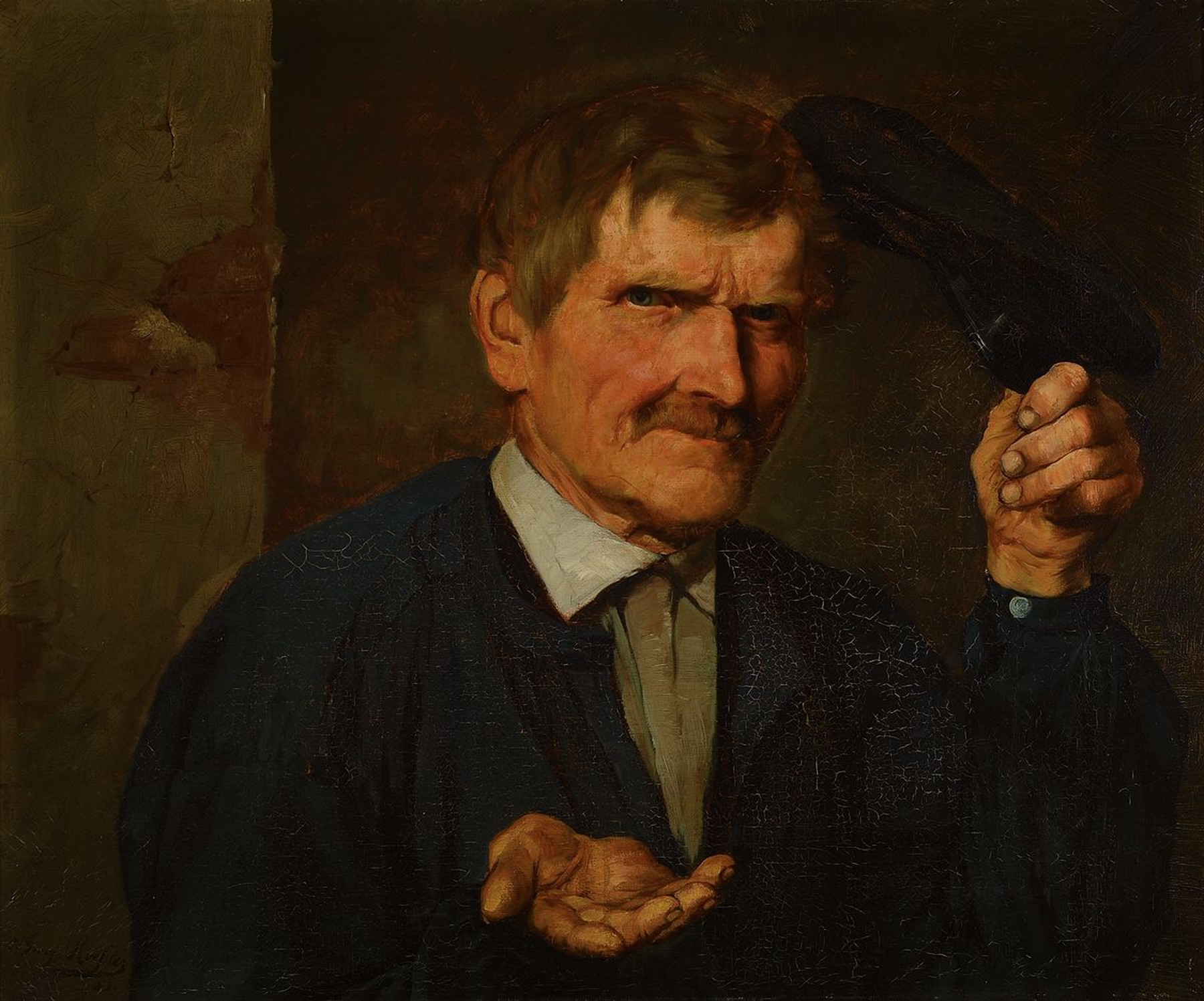 Georg Roessler, 1861 Mengen-1925 München, Porträt eines Mannes, der die Mütze zieht und die Hand aufhält, Öl/Lwd, links unten signiert und dat. ...