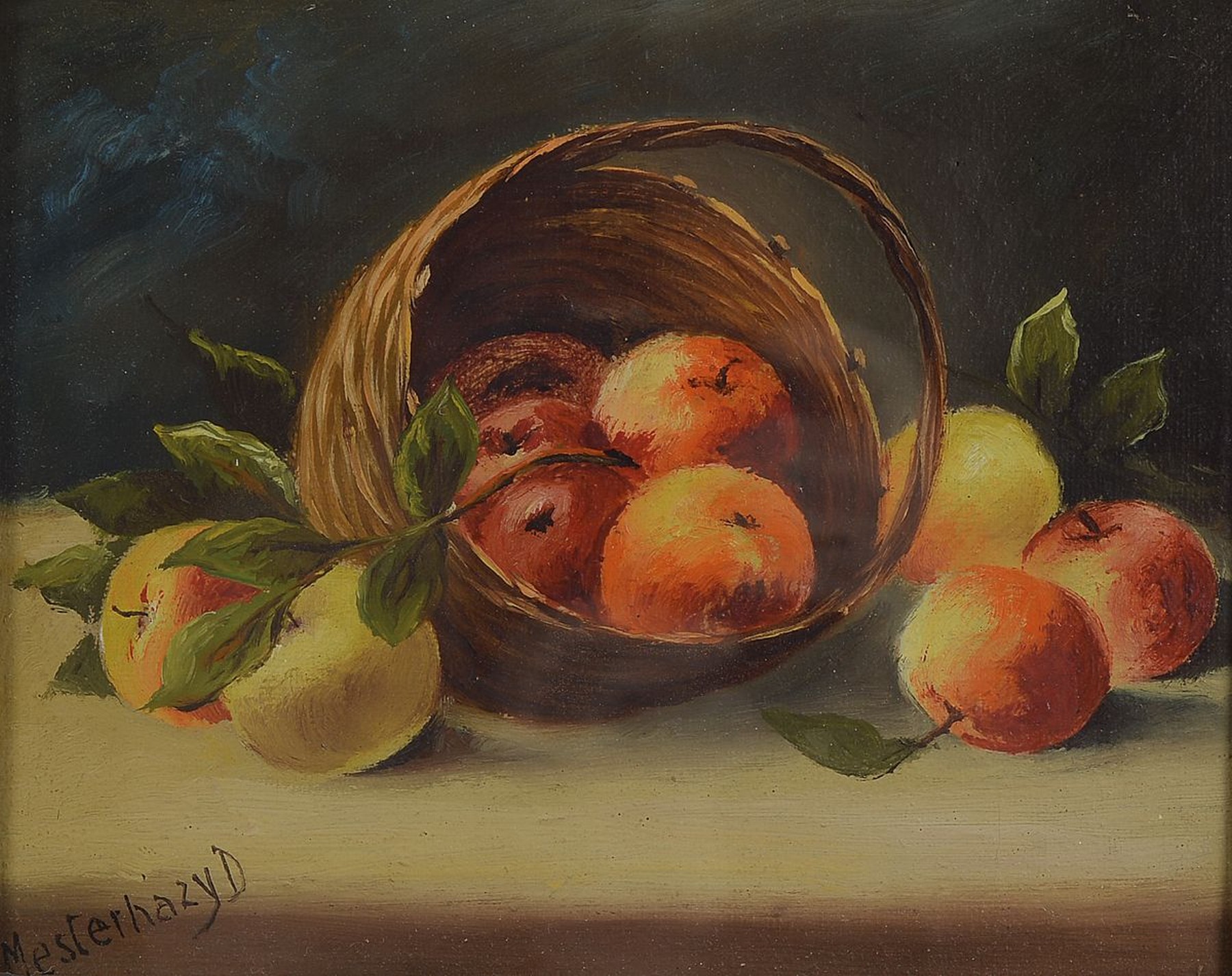 Denes Mesterhazy, ungarischer Künstler, frühes20. Jh., Stillleben mit Äpfeln und Korb, Öl/Malkarton, links unten signiert, ca. 20x24 cm, u.Gl., ...