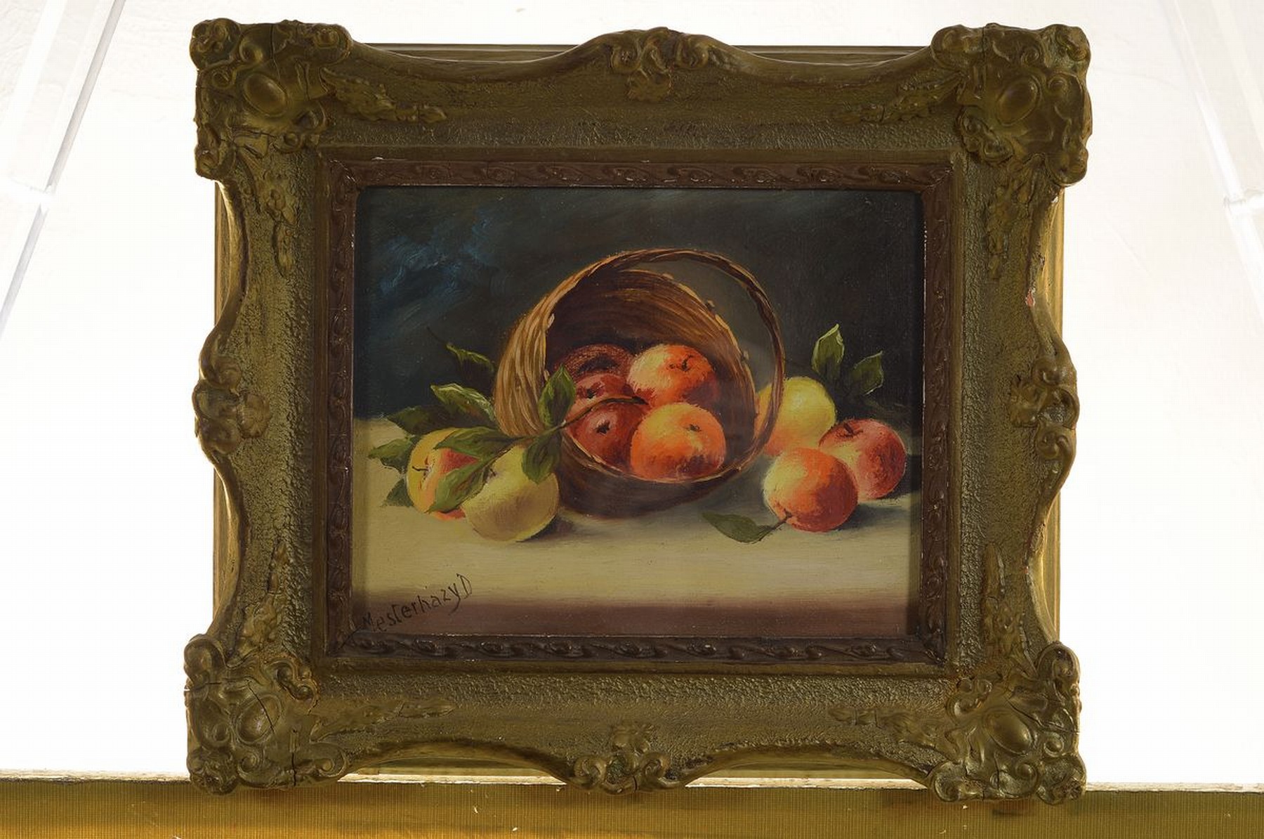 Detail k: Denes Mesterhazy, ungarischer Künstler, frühes20. Jh., Stillleben mit Äpfeln und Korb, Öl/Malkarton, links unten signiert, ca. 20x24 cm, u.Gl., ...