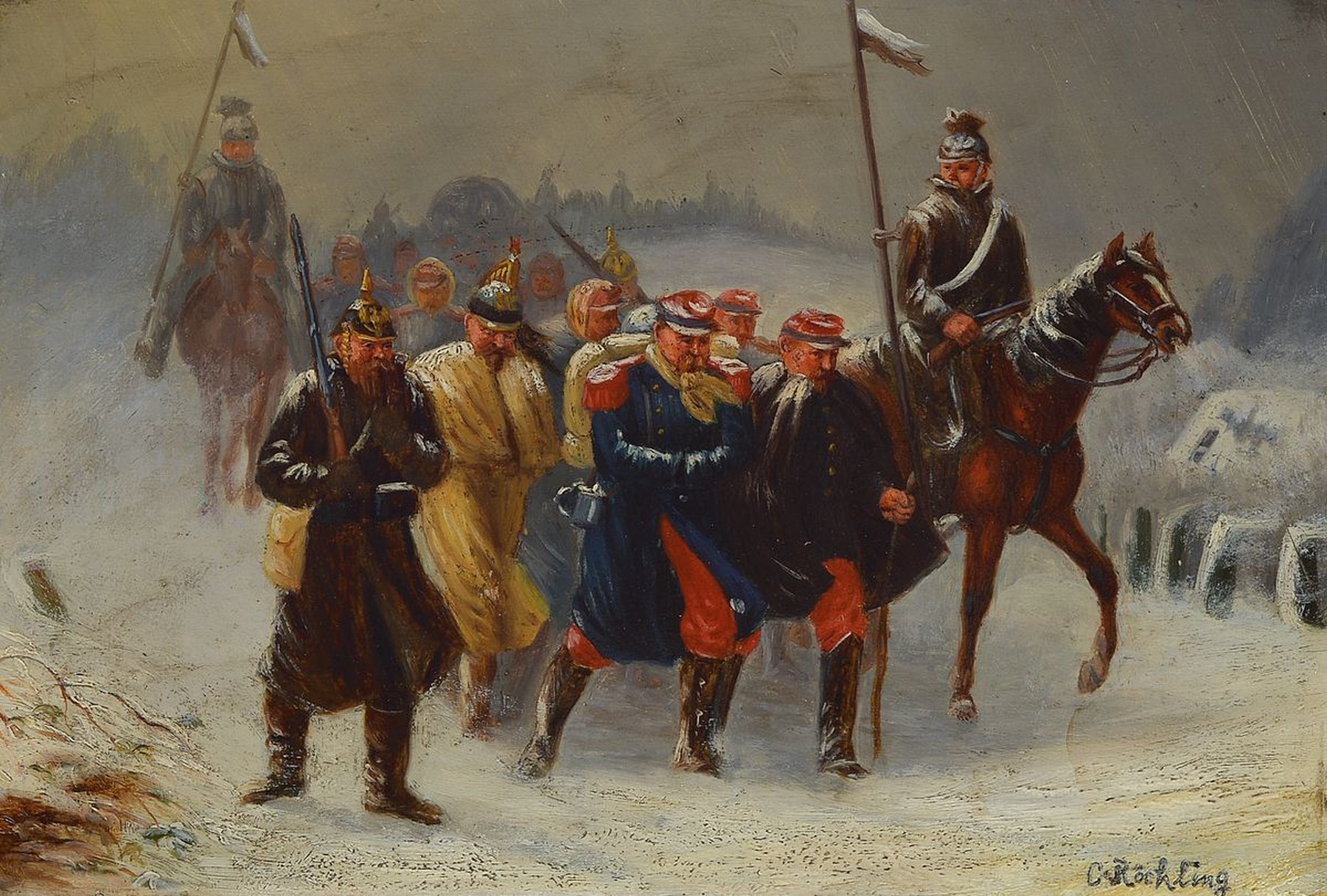 Carl Röchling, 1855 Saarbrücken-1920 Berlin, Preussische Soldaten und gefangene französische Soldaten in verschneiter Winterlandschaft, Szene aus ...