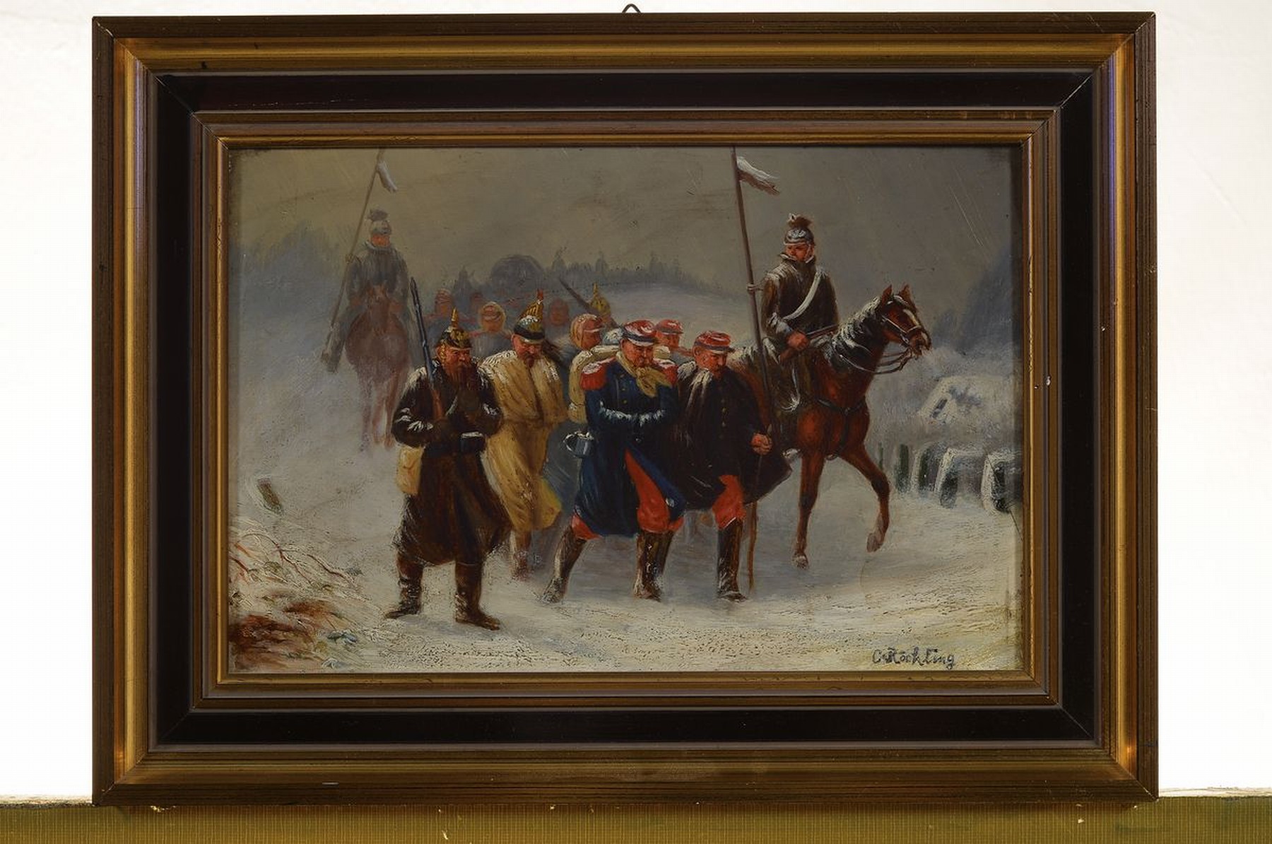 Detail k: Carl Röchling, 1855 Saarbrücken-1920 Berlin, Preussische Soldaten und gefangene französische Soldaten in verschneiter Winterlandschaft, Szene aus ...