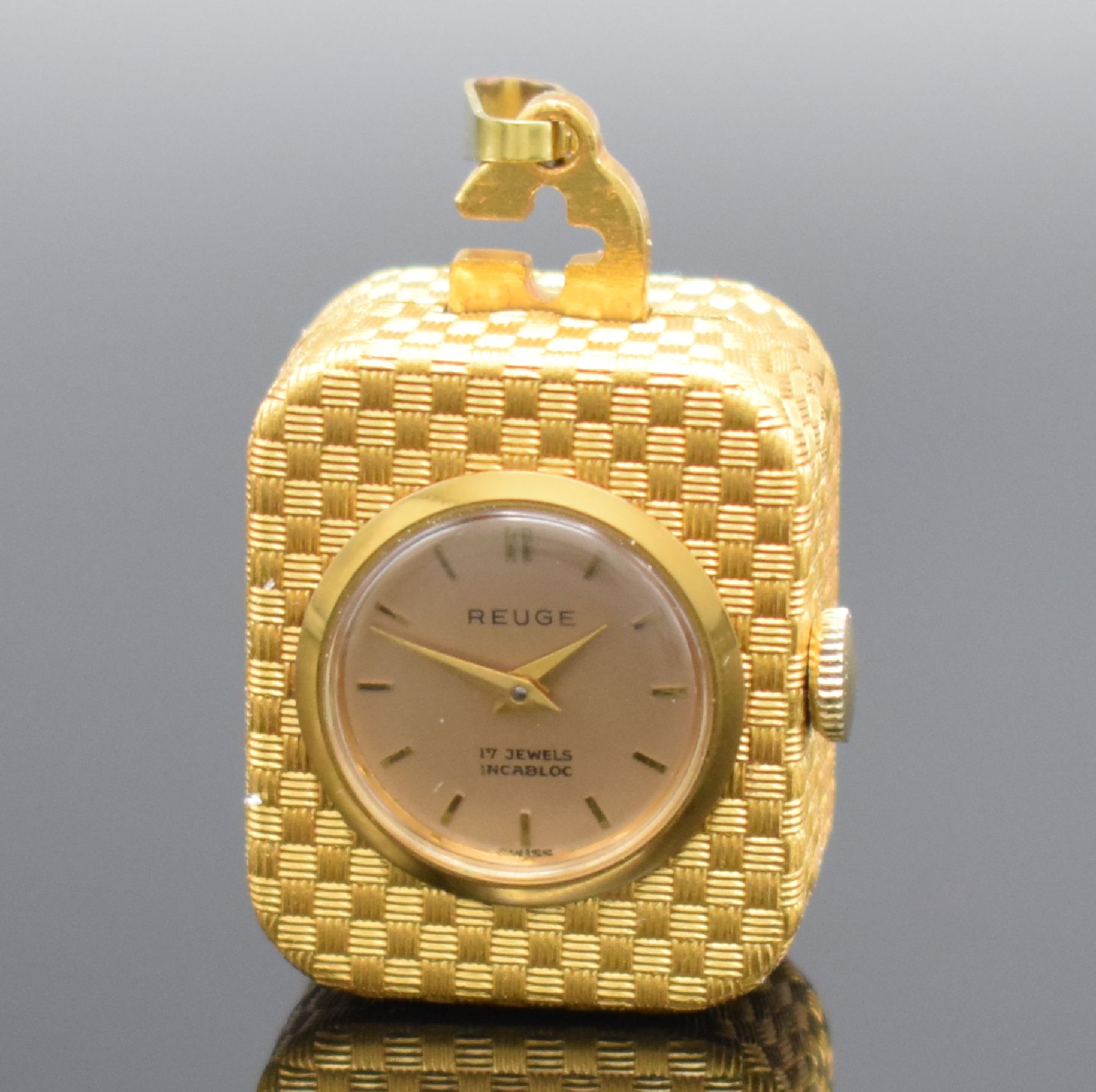 Detail a: REUGE Miniatur Anhängeuhr mit Spielwerk, Schweiz um 1960, Handaufzug, verg. Geh. m. Web-Strucktur, gedr., vorderseitig einges. Uhr, verg. Zifferbl., ...