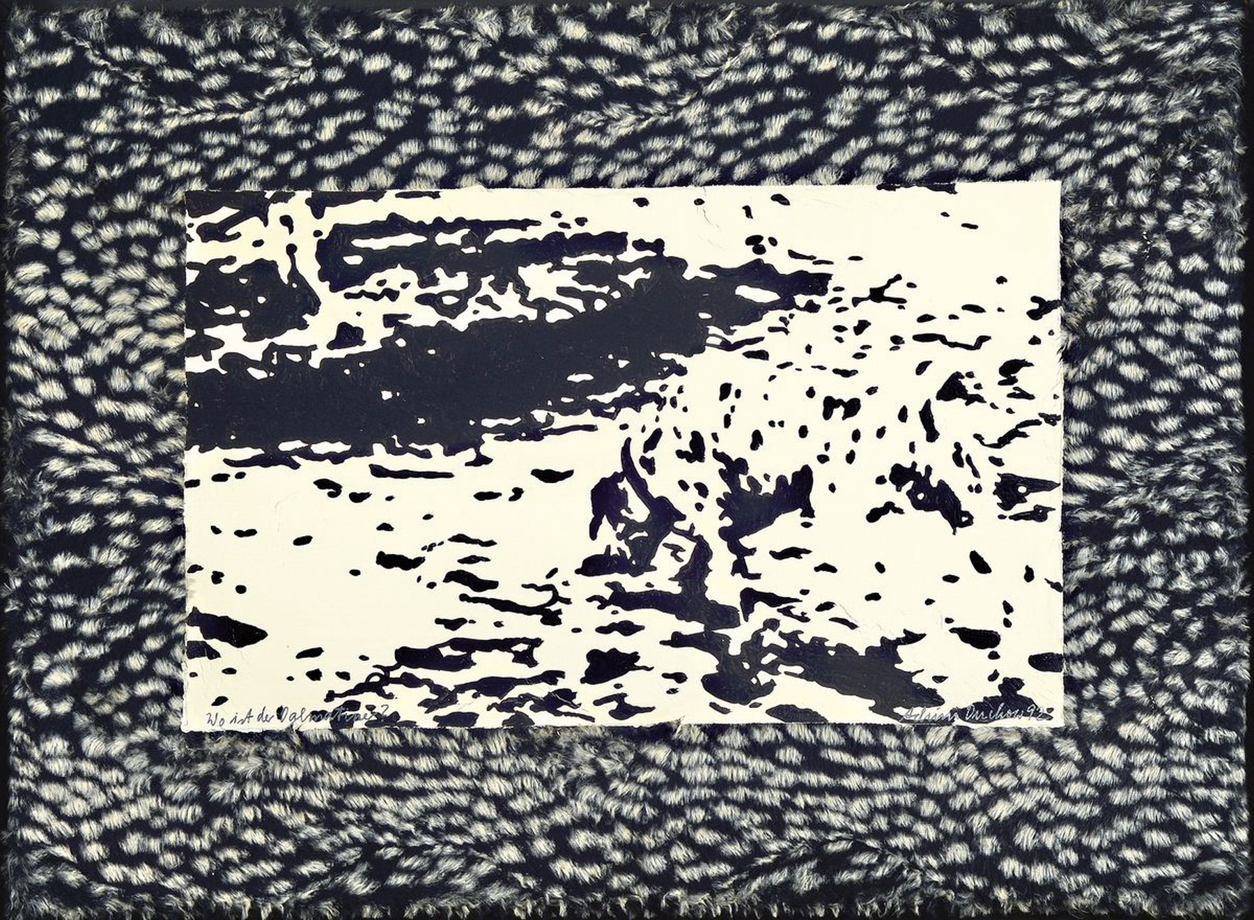 Achim Duchow, 1948 Otterndorf-1993 Düsseldorf, Wo ist der Dalmatiner ?, Acryl auf Lwd, mit aufgeklebtem PP aus Kunstfell, rechts unten signiert, ...