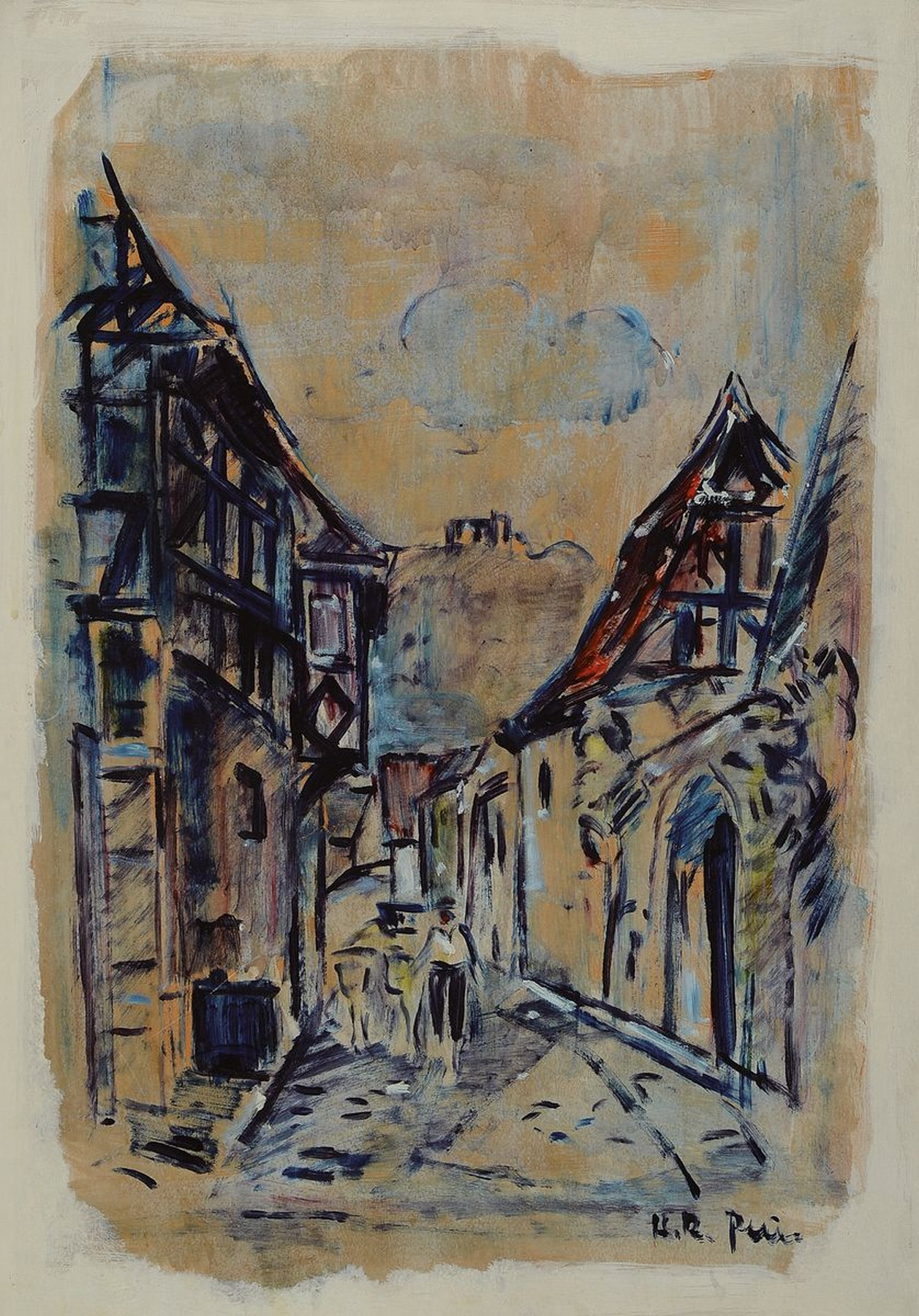 Hans Rolf Peter, 1926-2020 Neustadt a.d. Weinstr., Gasse mit Blick auf das Hambacher Schloß, Öl/Hartfaser, rechts unten signiert, ca. 64x44cm, R. ...