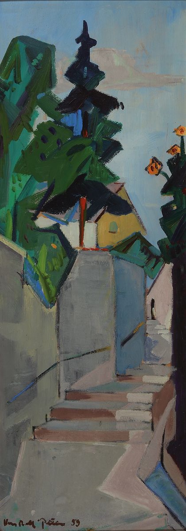 Hans Rolf Peter, 1926-2020 Neustadt a.d. Weinstr., Haardter Treppenweg, Öl/Hartfaser, links unten signiert und dat. 59, ca. 82x30cm, R. ca. 90x38cm