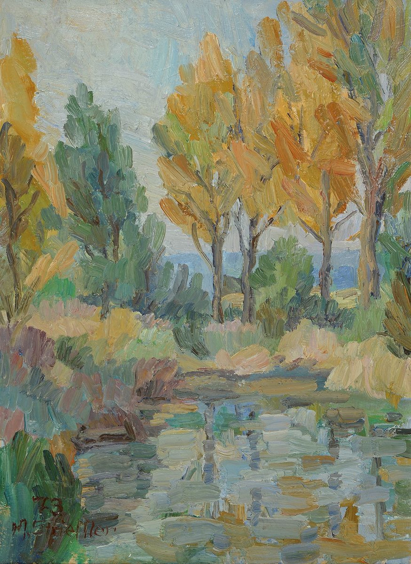Marie Strieffler, 1917-1987 Landau, Herbstliche Landschaft, Öl/Lwd, links unten signiert und dat. 73, ca. 65x47cm, R. ca. 72x55cm