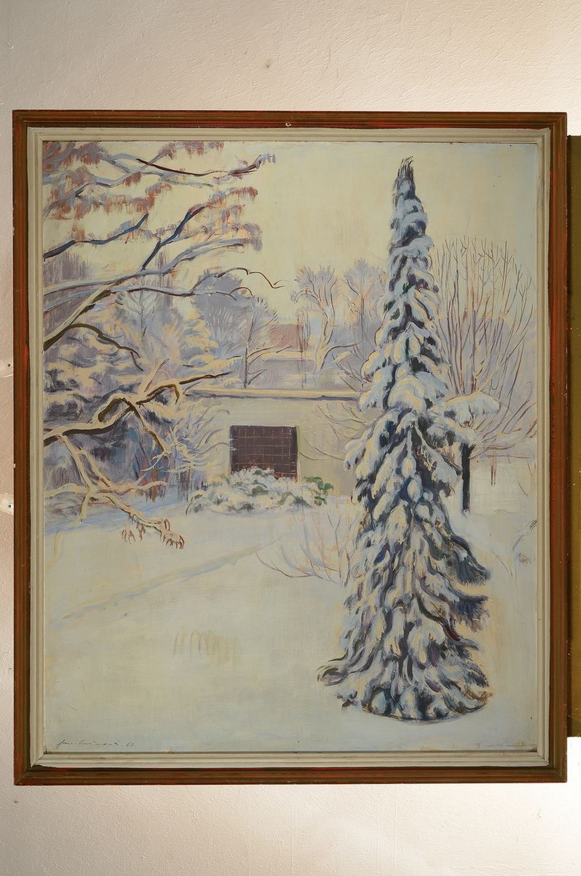 Detail k: Hermann Croissant, 1897-1963 Landau, Blick vom Atelier in den verschneiten Garten, Öl/Hartfaser, links unten signiert und dat. 60, aus der Sammlung ...
