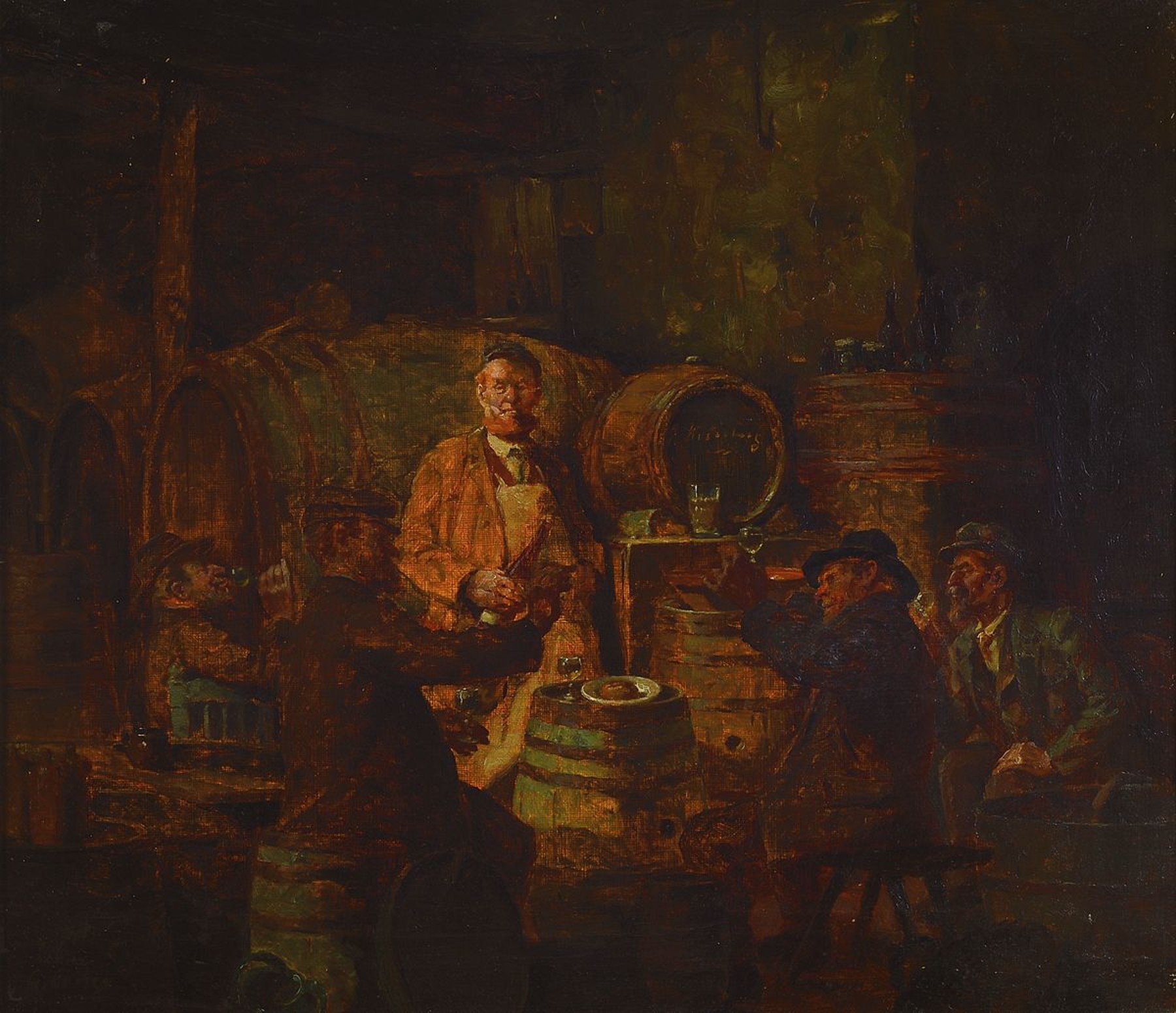 Gustav Ernst, 1858 Elsterberg-1945 Bad Dürkheim, Weinprobe im Keller, 5 Personen im Weinkeller, die Weingläser zum Prüfen erhoben, zustimmend und ...