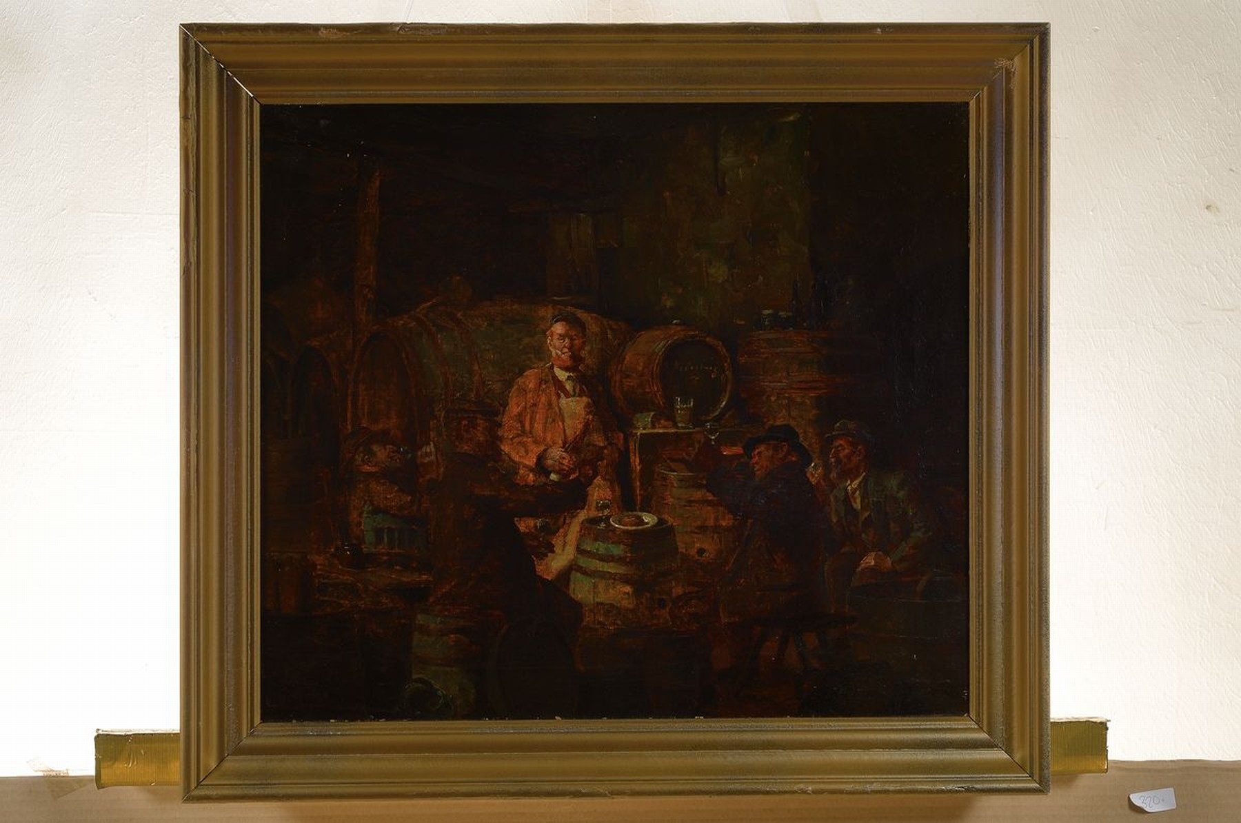 Detail k: Gustav Ernst, 1858 Elsterberg-1945 Bad Dürkheim, Weinprobe im Keller, 5 Personen im Weinkeller, die Weingläser zum Prüfen erhoben, zustimmend und ...
