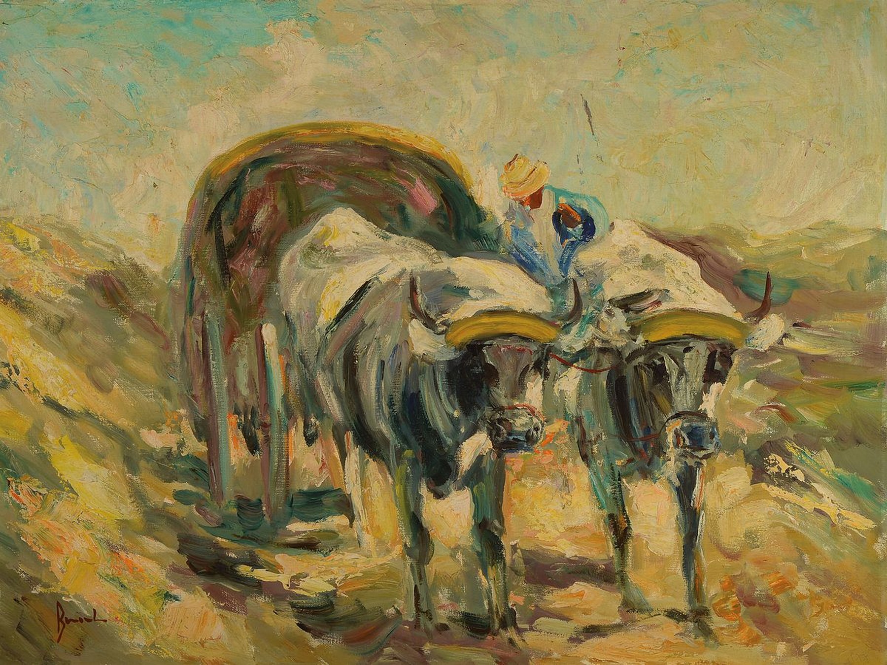 Detail c: Unbekannter Künstler, Mitte 20. Jh., 2 Pendants: Bauer mit Kühen und Bauer mit Pferden, so rückseitig betitelt, Öl/Lwd, pastoser expressiver ...