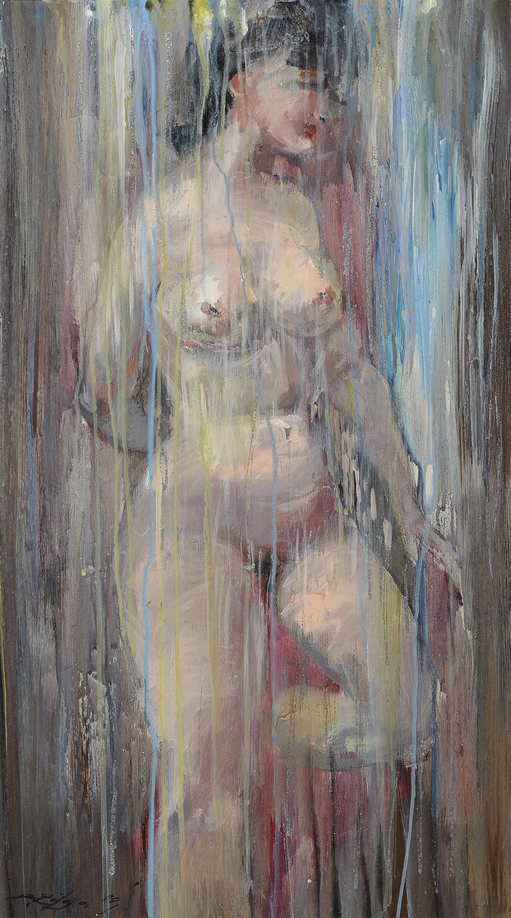 Dailis Rozlapa, 1932-2014, Pazina, stehender weiblicher Akt, Acryl und Glitter auf Hartfaser, signiert, rückseitig betitelt, ca. 75x42cm, R. ca. ...