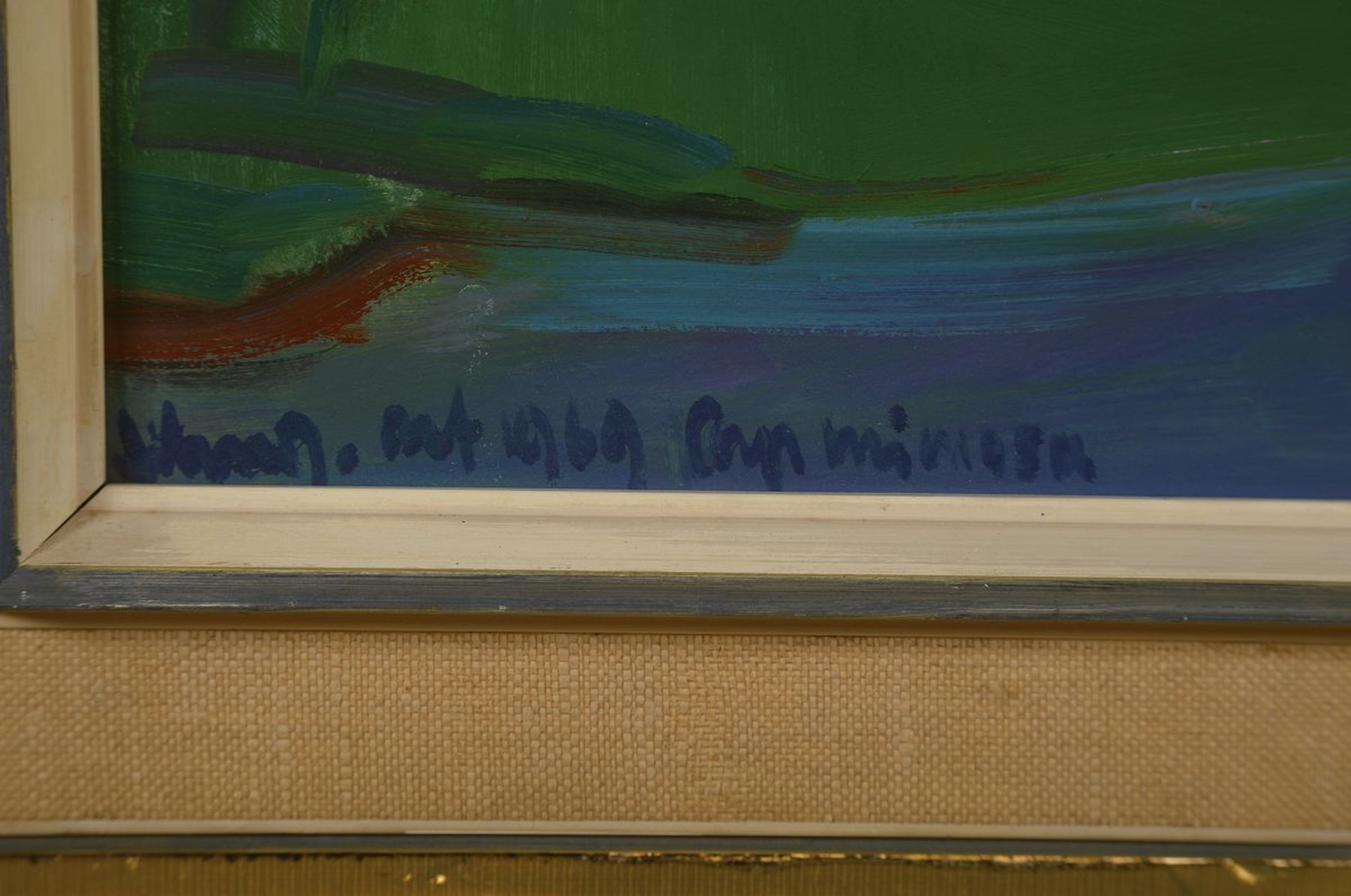 Detail a: Erich Schug, 1906 Ludwigshafen-1982 Bad Dürkheim, Cap Mimosas, Blick vom Hügel auf das Mittelmeer, Öl/Hartfaser, links unten signiert, dat. 1969 ...