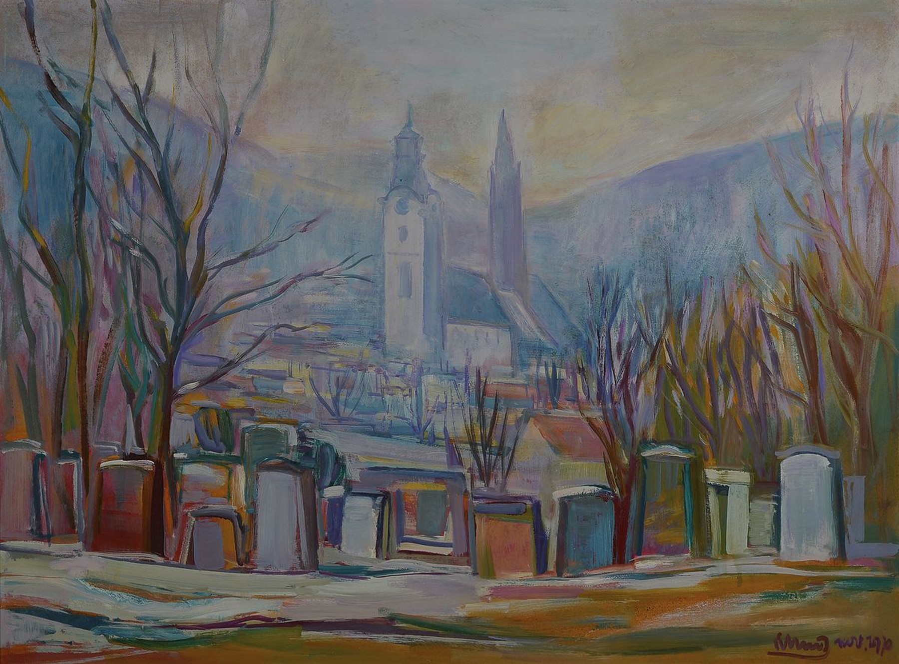 Erich Schug, 1906 Ludwigshafen-1982 Bad Dürkheim, Blick auf ein pfälzer Dorf mit der Kirche im Mittelpunkt, Öl/Hartfaser, rechts unten signiert ...