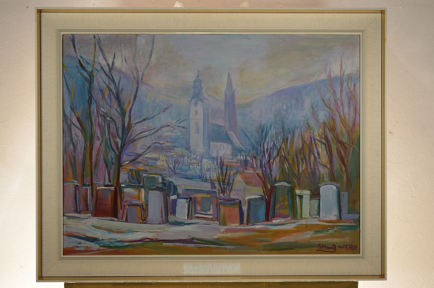 Detail k: Erich Schug, 1906 Ludwigshafen-1982 Bad Dürkheim, Blick auf ein pfälzer Dorf mit der Kirche im Mittelpunkt, Öl/Hartfaser, rechts unten signiert ...