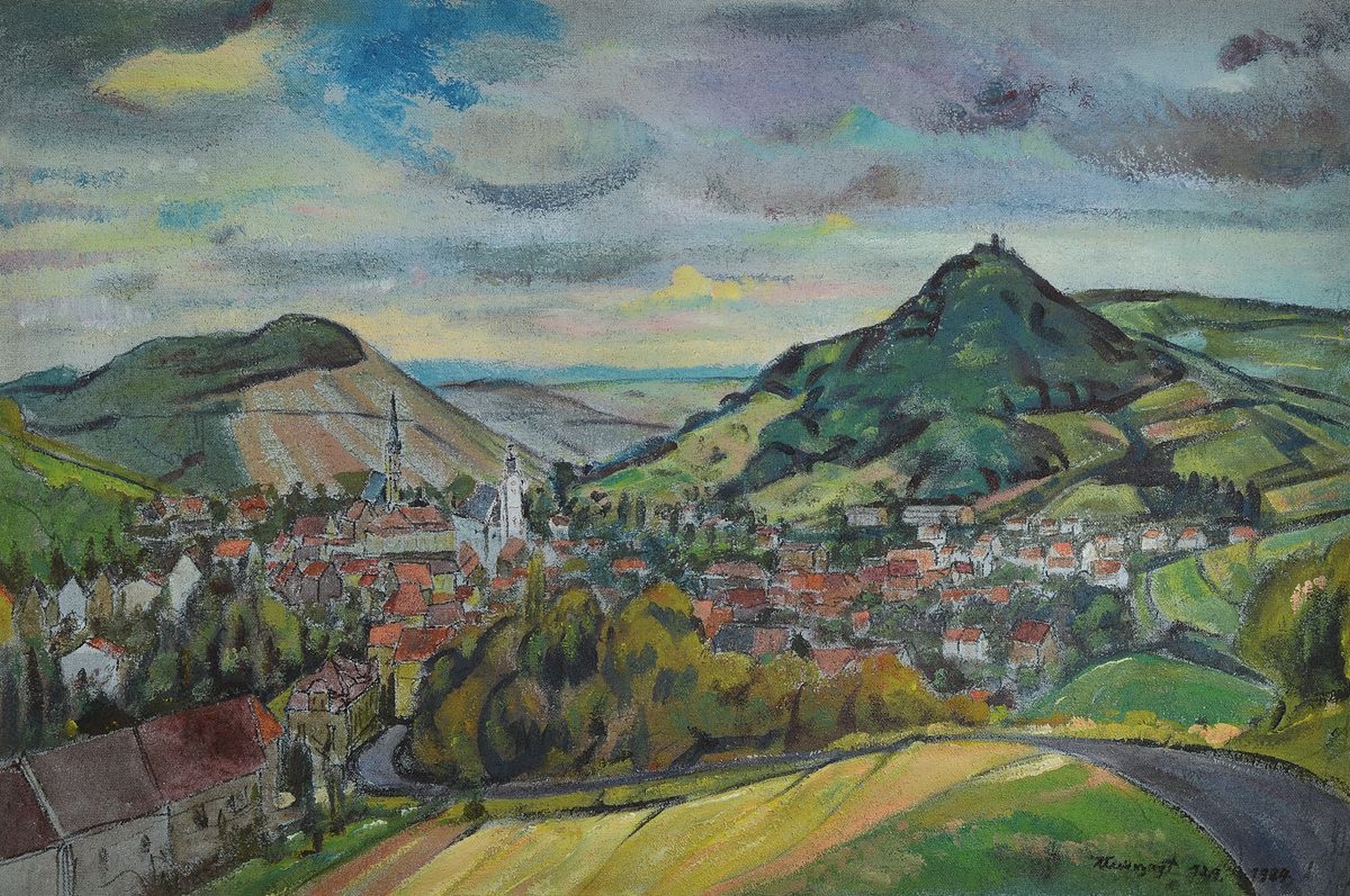 Karl Unverzagt, 1915-2007 Grünstadt, Landschaft in der Pfalz, wohl Eisenberg, Öl/Lwd, rechts unten signiert und dat. 12.9.1984, ca. 80x120cm